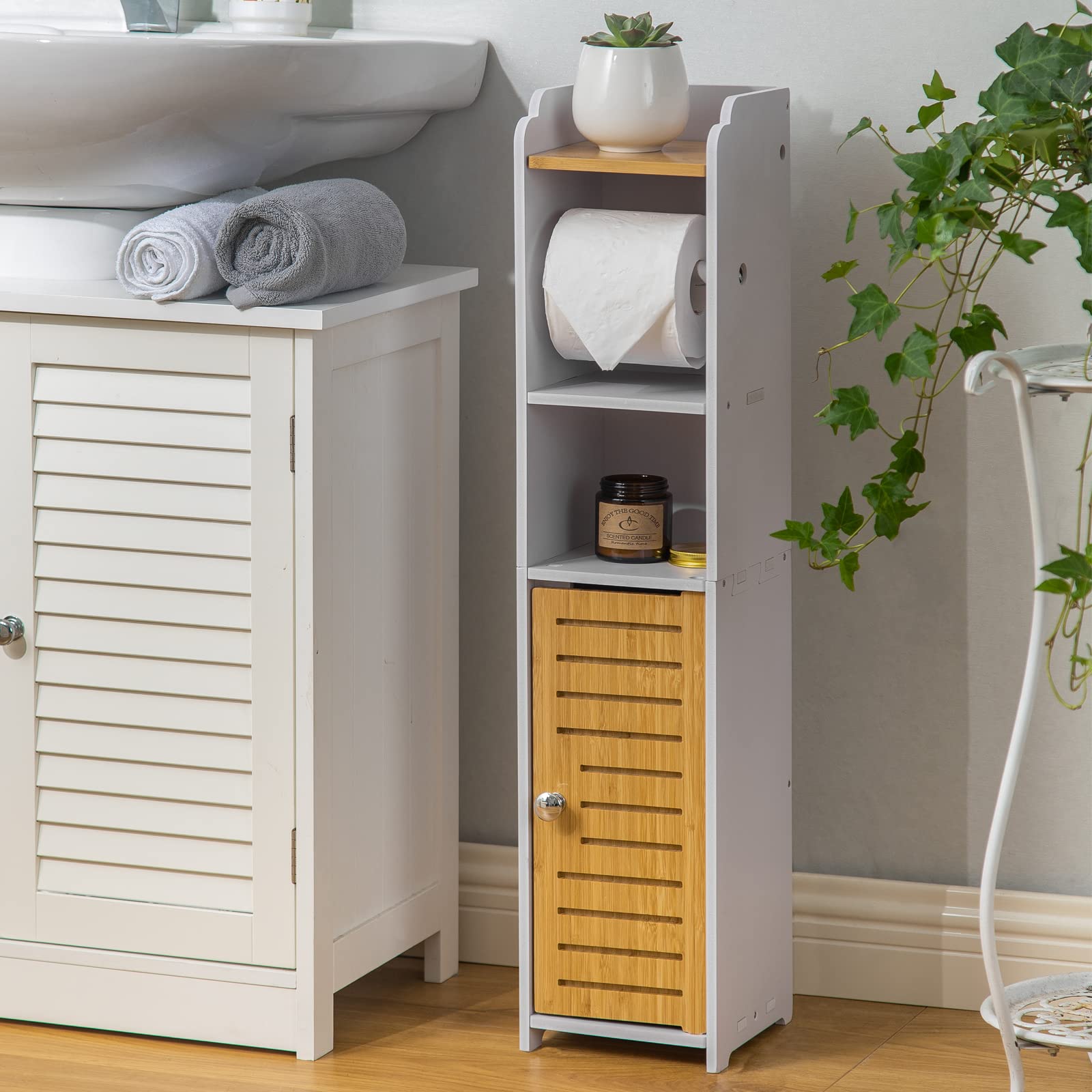 Aojezor Toilet Paper Holder Stand: Small Bathroom Cabinet Storage For Apartment Dwellers - Toilet Paper Storage - White/Bamboo