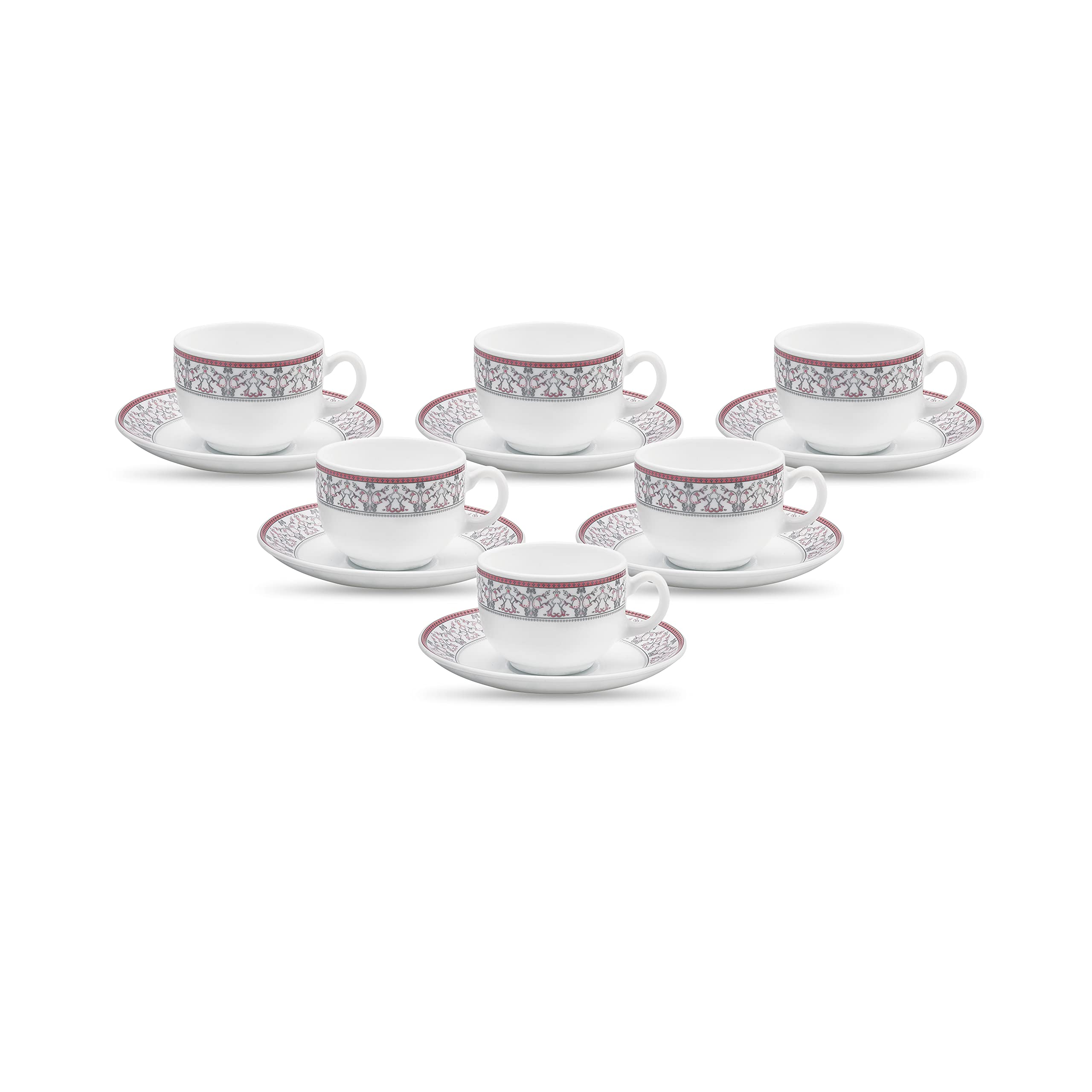 La Opala Diva, Sovrana Collection, Opal Glass Cup & Saucer Set 12 Pcs, Moroccan Pink, White