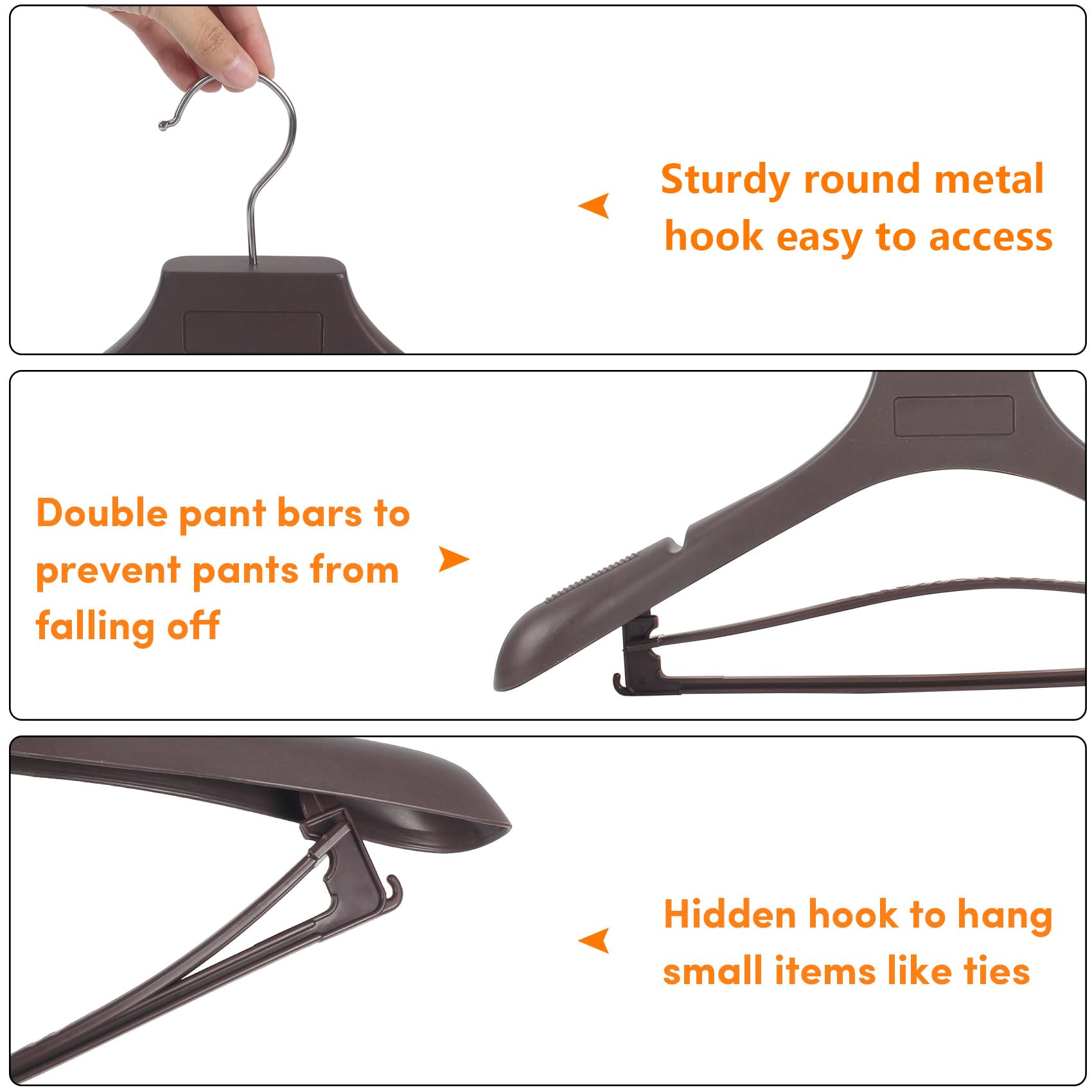 DEDU Plastic Extra Wide Shoulder Suit Hangers for Men 20 Pack Width 17.3 ''  Brown Sweater Hangers no Shoulder Bump Non Slip for Thick Sweaters  Clothes Hangers with Pants Bar 360? Swivel Metal Hook