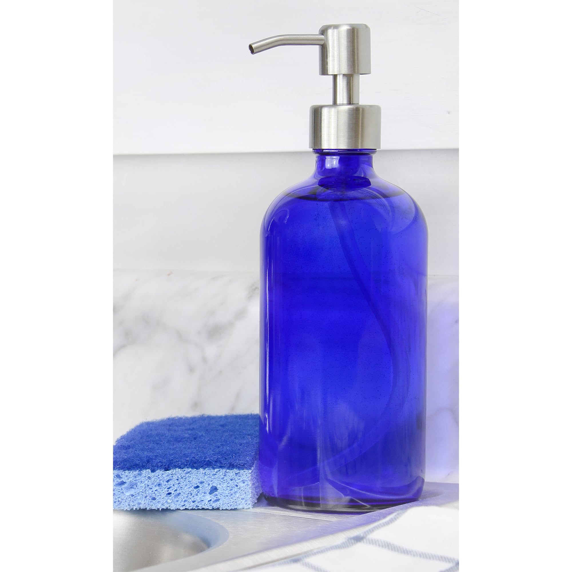 Cornucopia 16-Ounce Cobalt Blue Glass Bottles W/Stainless Steel Pumps (2-Pack), Soap Dispenser W/Lotion Pumps For Essential Oils