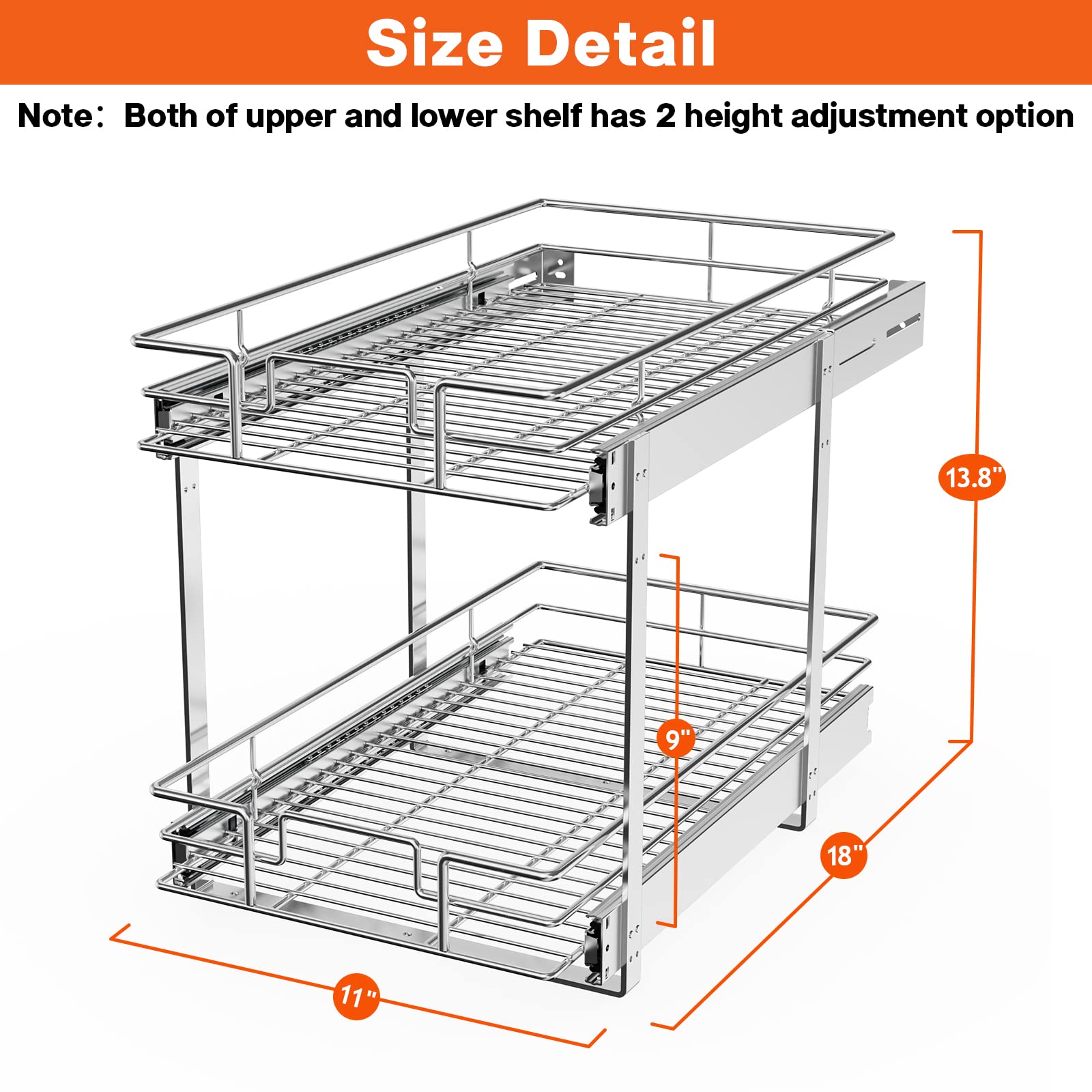 Roomtec Individual Pull Out Cabinet Organizer (11'' W X 18'' D), 2 Tier Spice Rack Organizer For Cabinet, Slide Out Drawer Pantr