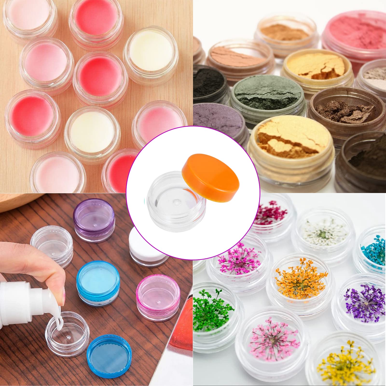 Joikit 200 Pack 3 Gram Jars With Orange Lid, 3Ml Empty Clear Plastic Makeup Sample Containers, Cosmetic Sample Jar For Lotion, C