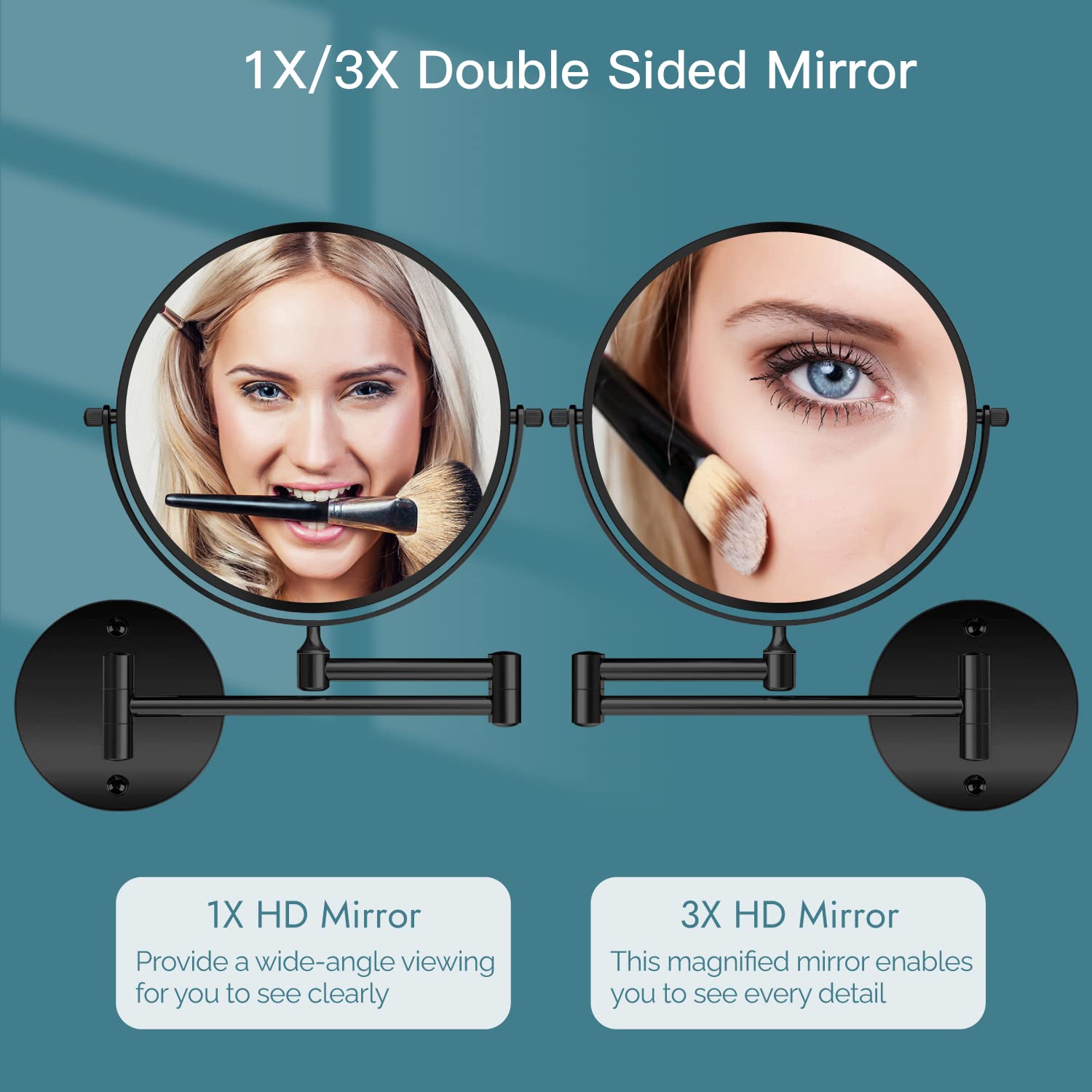 Gotonovo Wall Mounted Magnifying Mirror Pivoting Arm Double Sided Swivel Makeup Vanity Black Telescoping Handheld Mirror 8 Inch