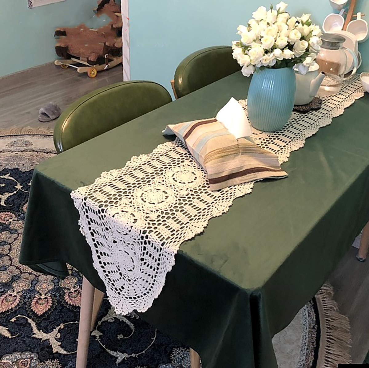 Hetao 12X51 100% Cotton Handmade Crochet Lace Table Runners Oblong Tablecloth Doilies Doily,Beige