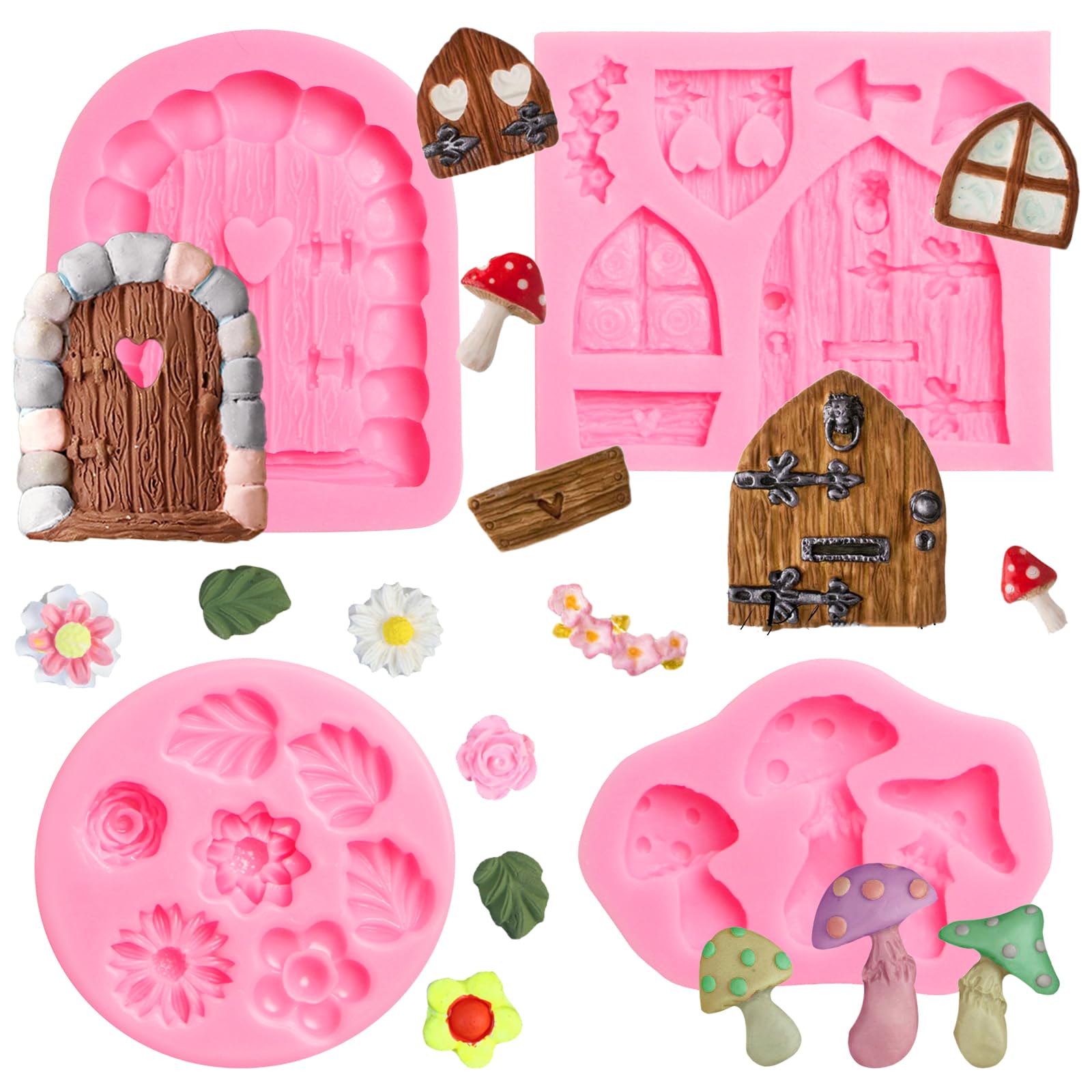 Fairy Door Silicone Fondant Molds with Mushroom & Flower
