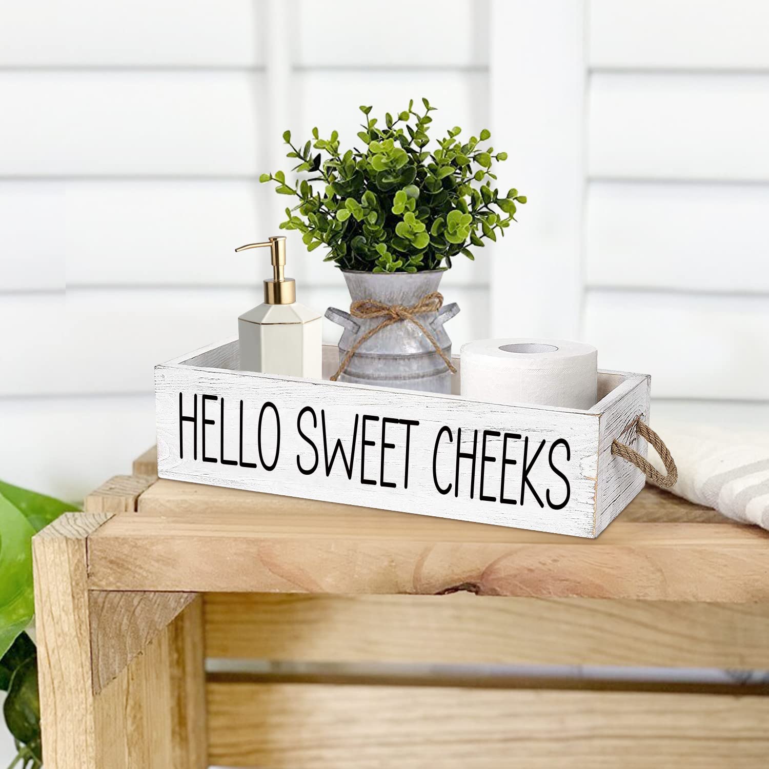 Teouios Hello Sweet Cheeks Funny 2 Sides Wooden Toilet Paper Holder Bathroom Decor Box With Rope Handle, Farmhouse Bathroom Pape