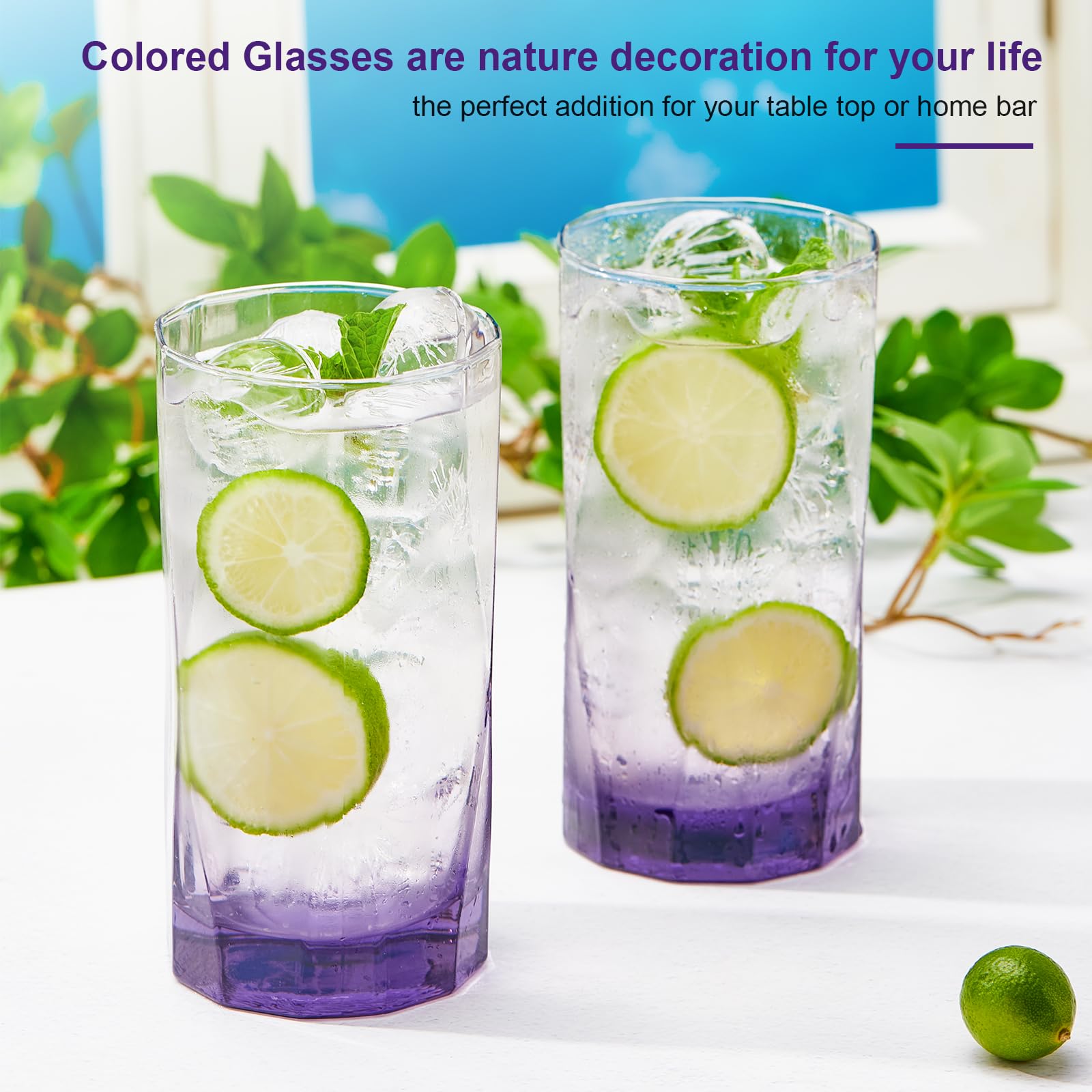 Creativeland Geometric Shapes Glass Drinking Glasses Set Of 6, 13.5 Oz Solid Purple Color Glass Tumbler Glassware For Water, Jui