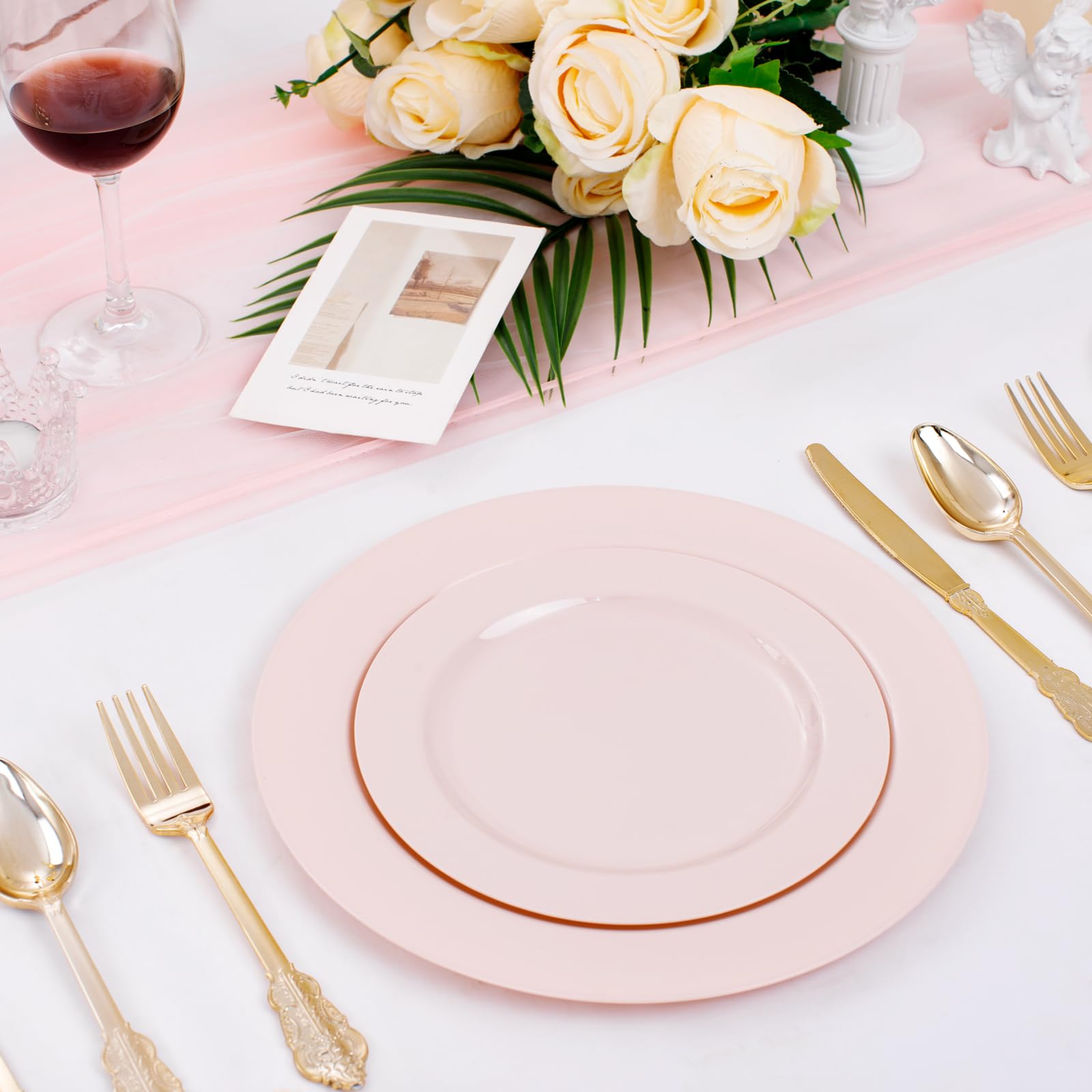 Flowercat 100Pcs Pink Plastic Plates - Heavy Duty Pink Plates Disposable For Partyeaster/Wedding/Valentine'S Day - Include 50Pcs