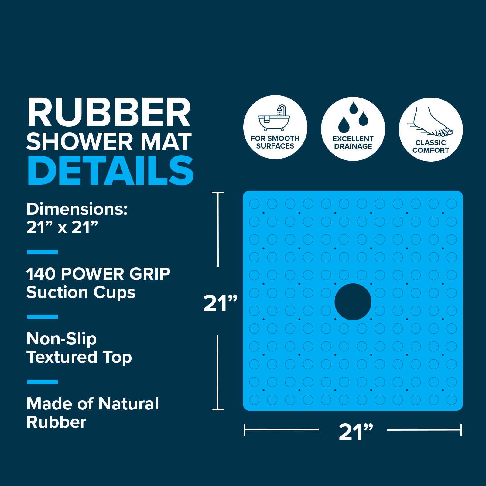 SlipX Solutions Microban-Infused Rubber Shower Mat  21'' x 21''  Anti-Slip Square Bath Mat w/ 140 Power Grip Suction Cups  Gray
