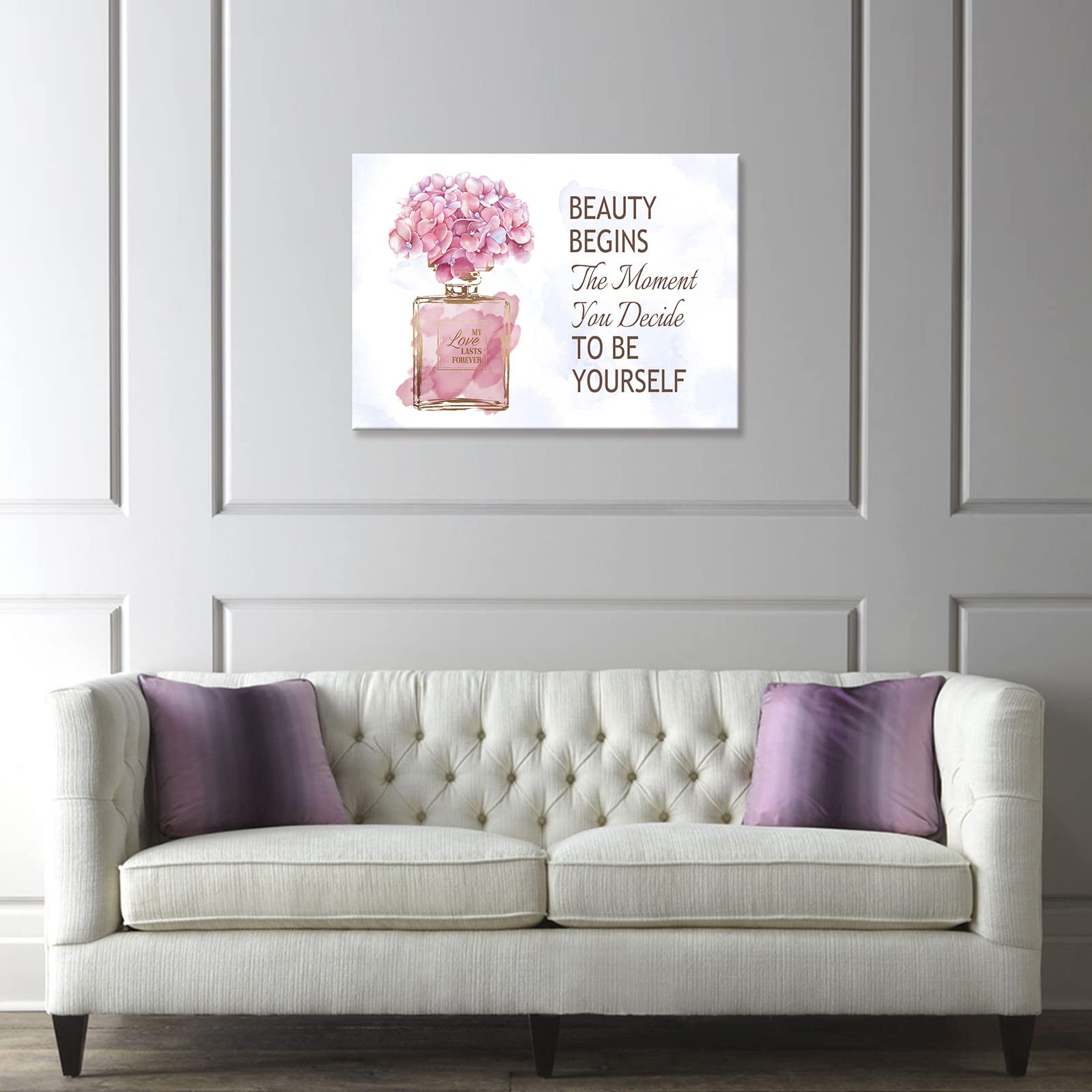 arteWOODS Fashioner Perfume Canvas Wall Art Gold Bottle Pink Flower Canvas Pictures Brown Inspirational Words Canvas Prints Motivational Quetos Wall Decor for Bathroom Bedroom Powder Room 28'' X 20''