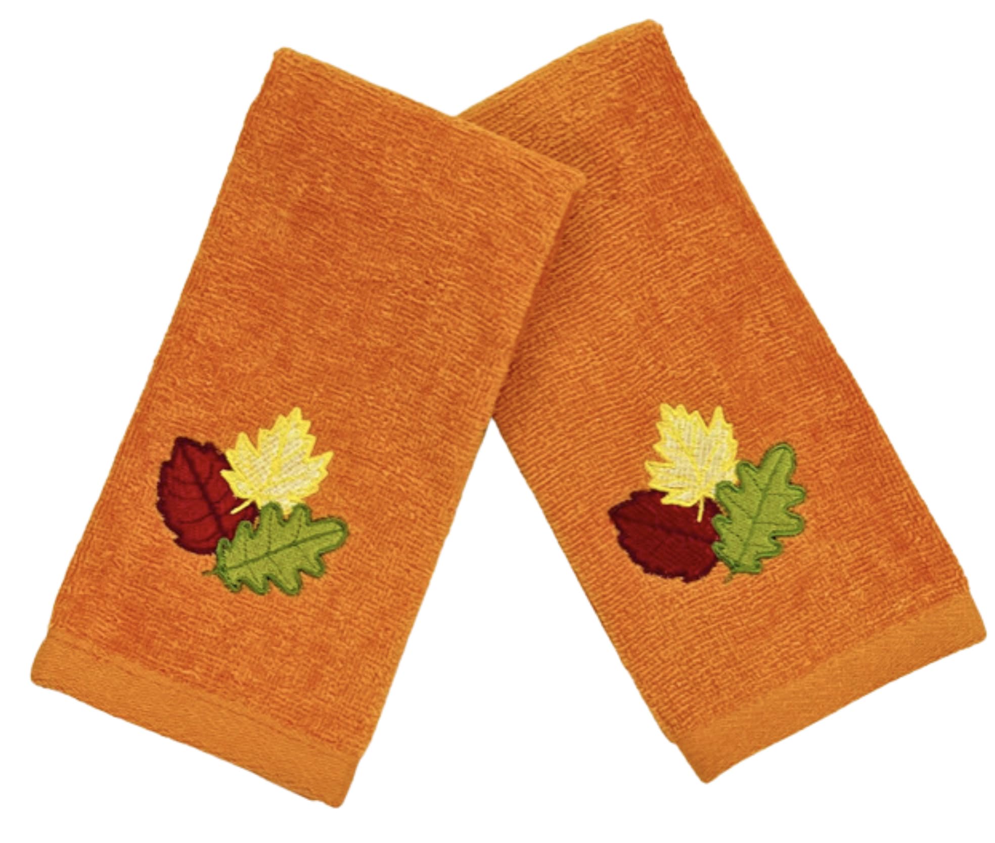 Serafina Home Decorative Fall Leaf Fingertip Towels: Embroidered Gold Burgundy Green Leaves Design On Plush Orange, 2 Piece Set,