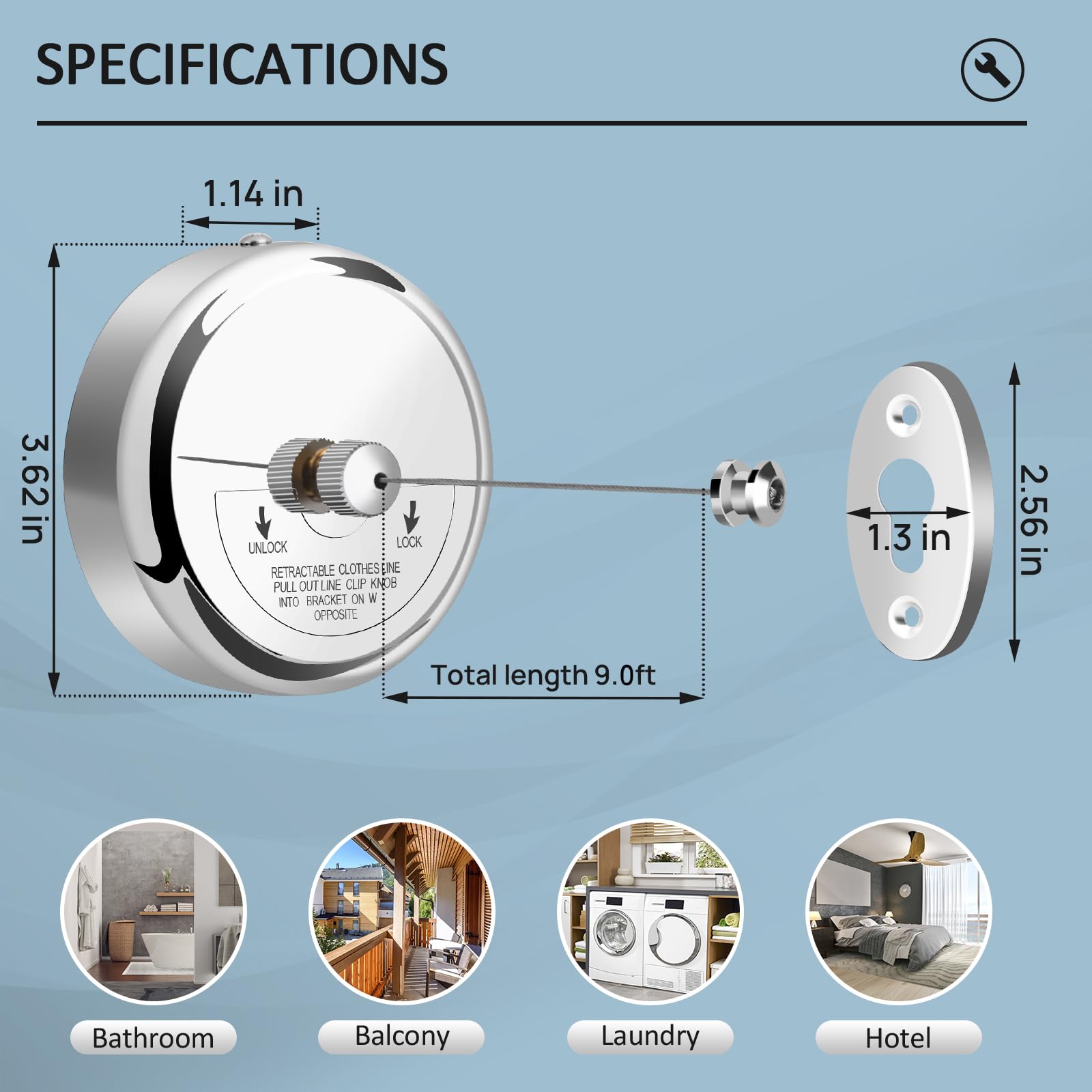 Retractable Clothesline 9.0 Feets, 304 Stainless Steel Clothes Line Dryer With Heavy Duty Adjustable Stainless Steel Rope String