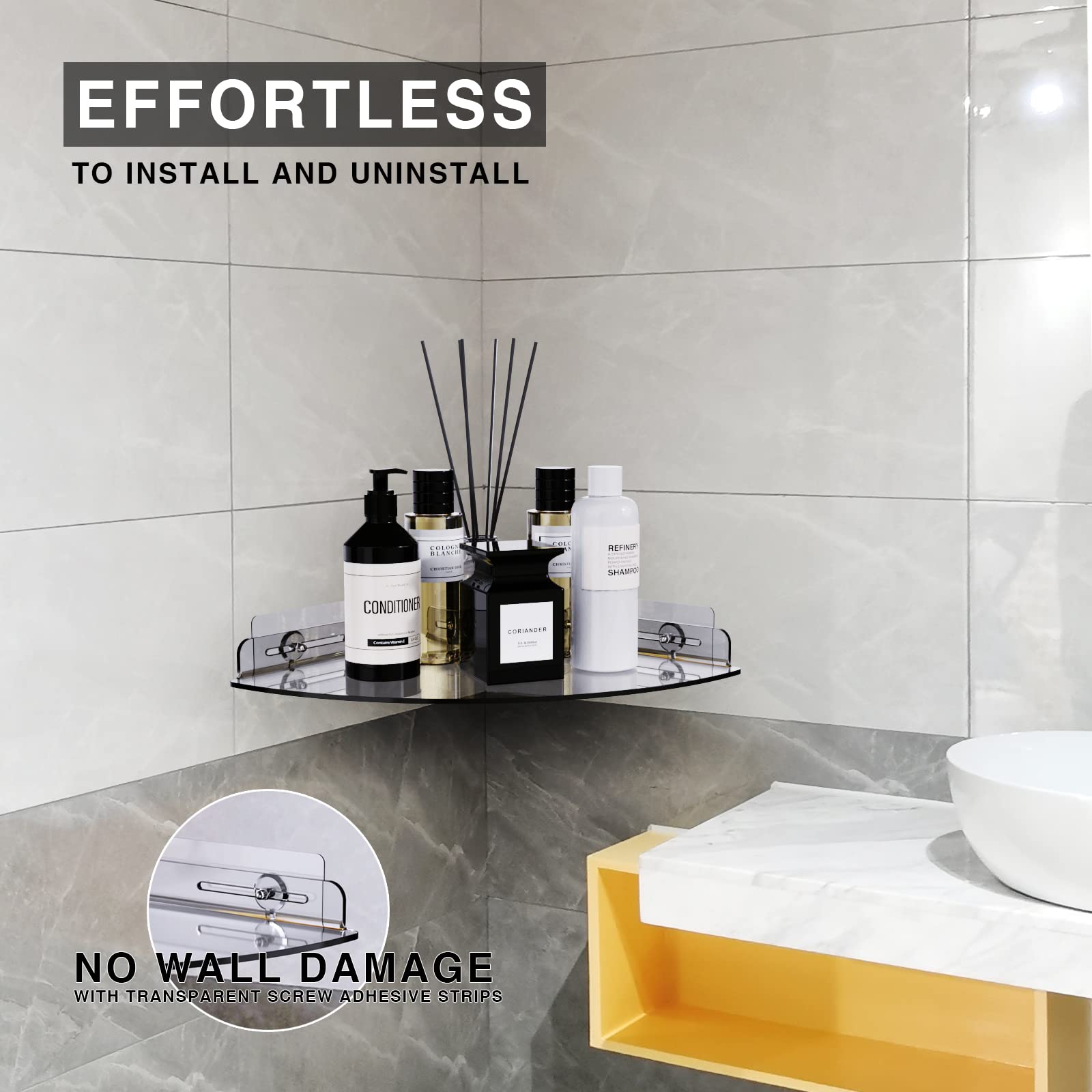 Bakzon Acrylic Corner Shower Shelves, 2 Pack Adhesive Shower Caddy Organizer For Tile Walls, Wall Mounted Clear Bathroom Shower