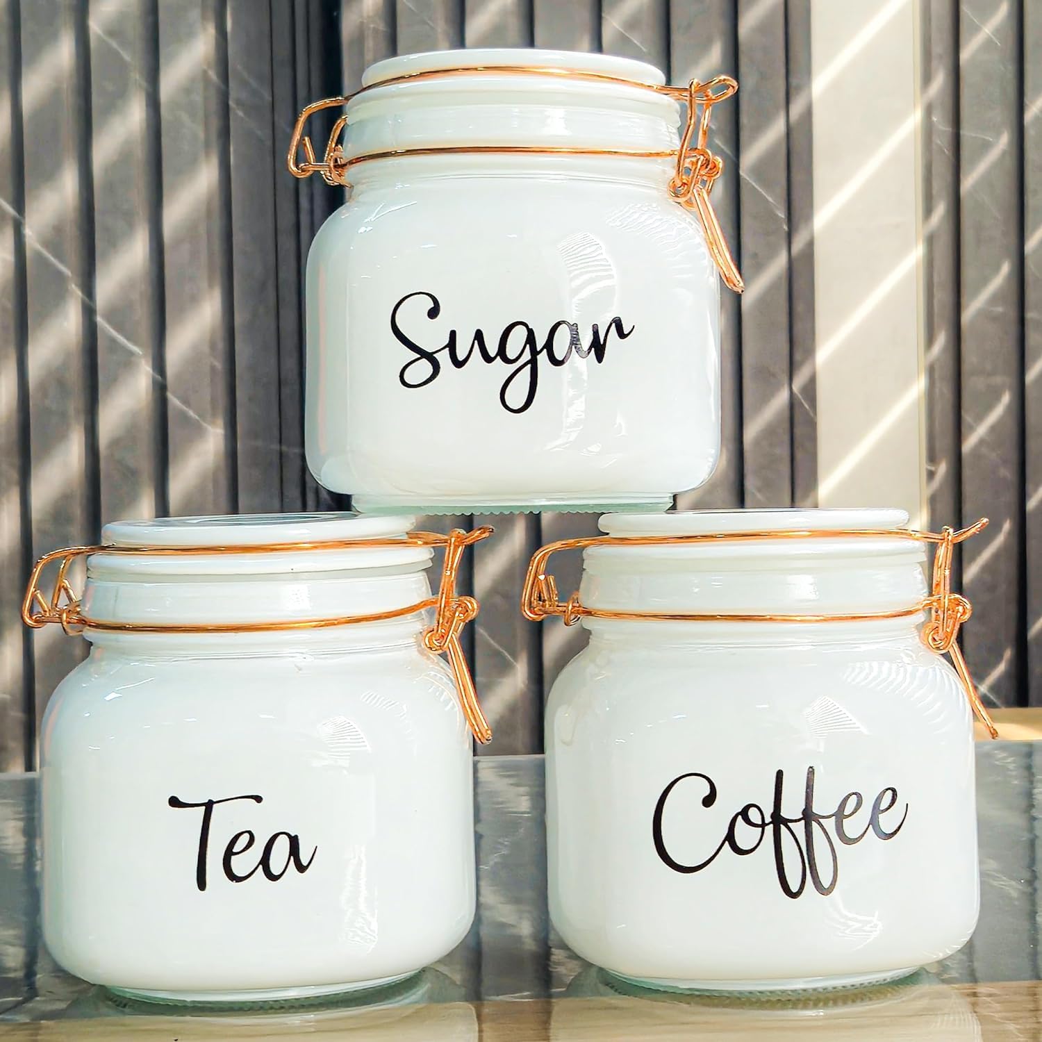 Czzgsm Glass White Tea Sugar Coffee Containers 860 Ml Set -3, Canisters For Kitchen Storage Container With Lid For Tea Coffee & 