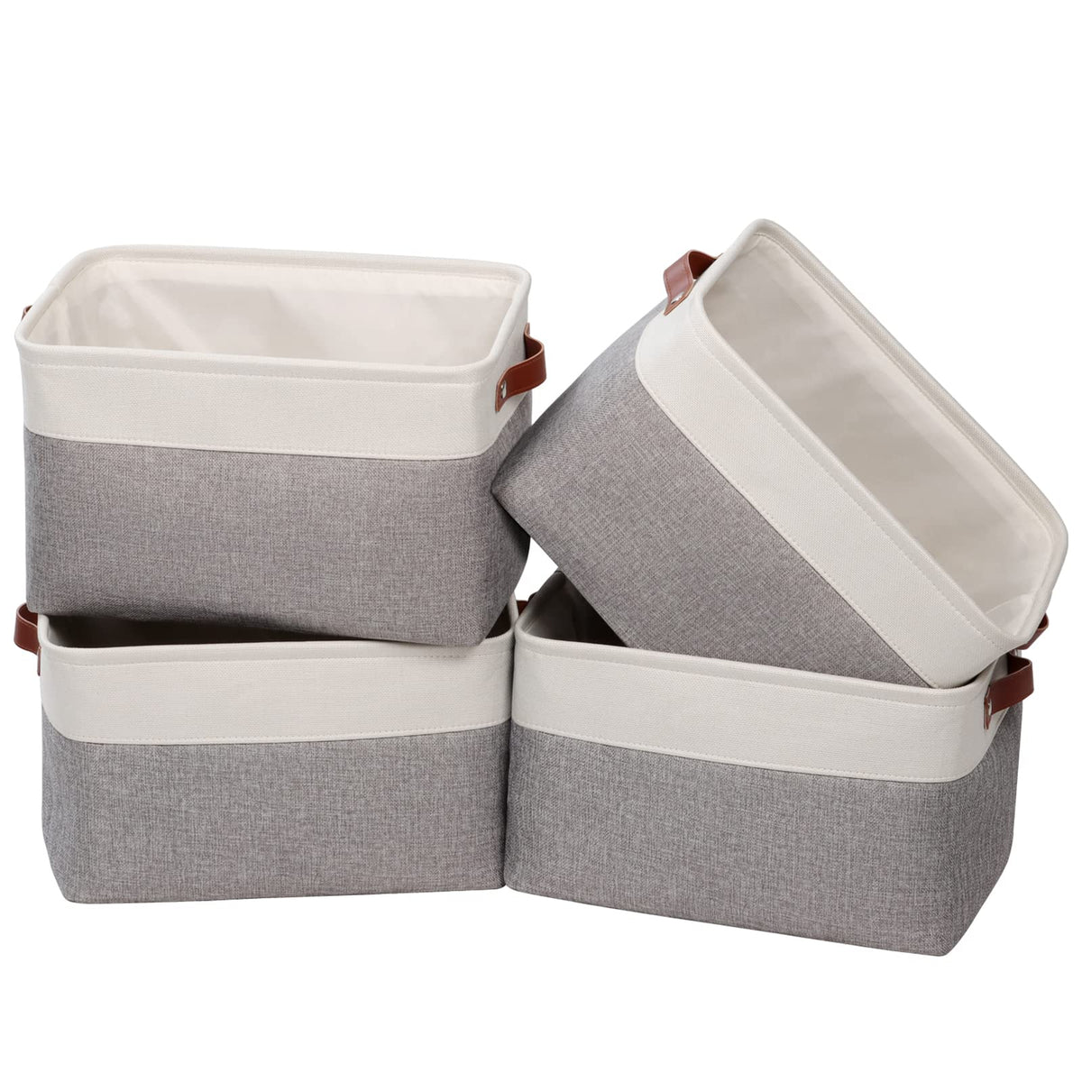 Univivi 15 Inch Large Storage Baskets 4Pc Gray Hard Bottom Foldable Storage Bins With Pu Handles For Shelf Rectangle Fabric Bask