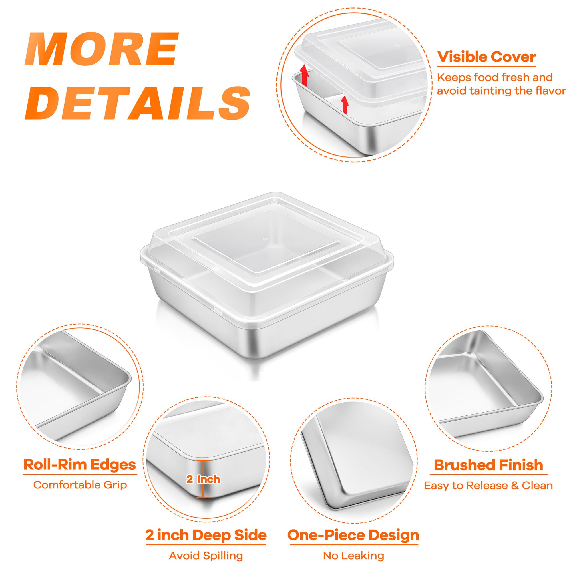 Teamfar 6 In Square Cake Pans, Stainless Steel Mini Square Lasagna Cake Brownie Pan For Baking Roasting, Non-Toxic & Sturdy, Bru