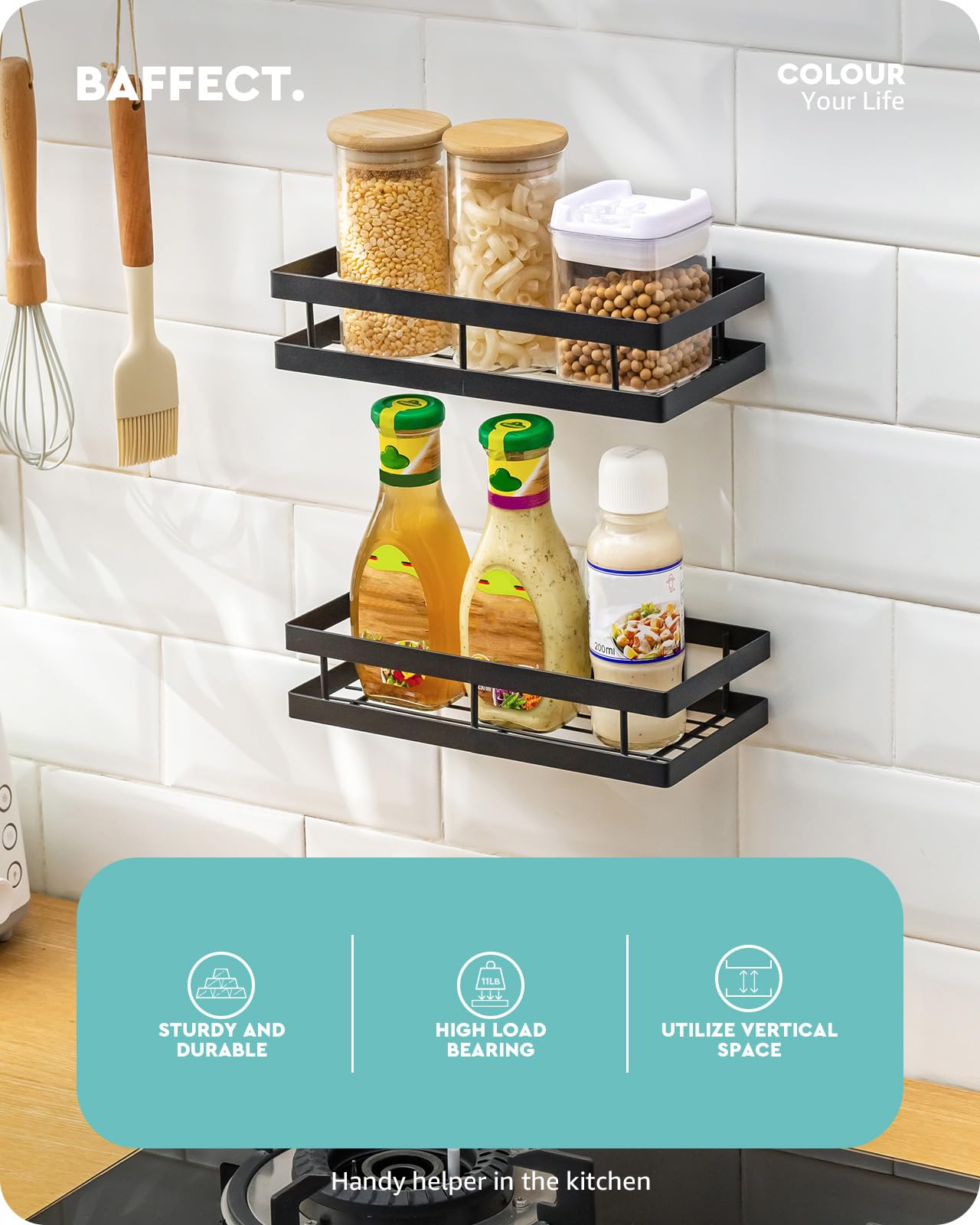 Metal Spice Rack Wall Mount Floating Shelves 2 Pack Black Storage organizer for Cabinet Door Pantry Kitchen Bathroom Supplies (9