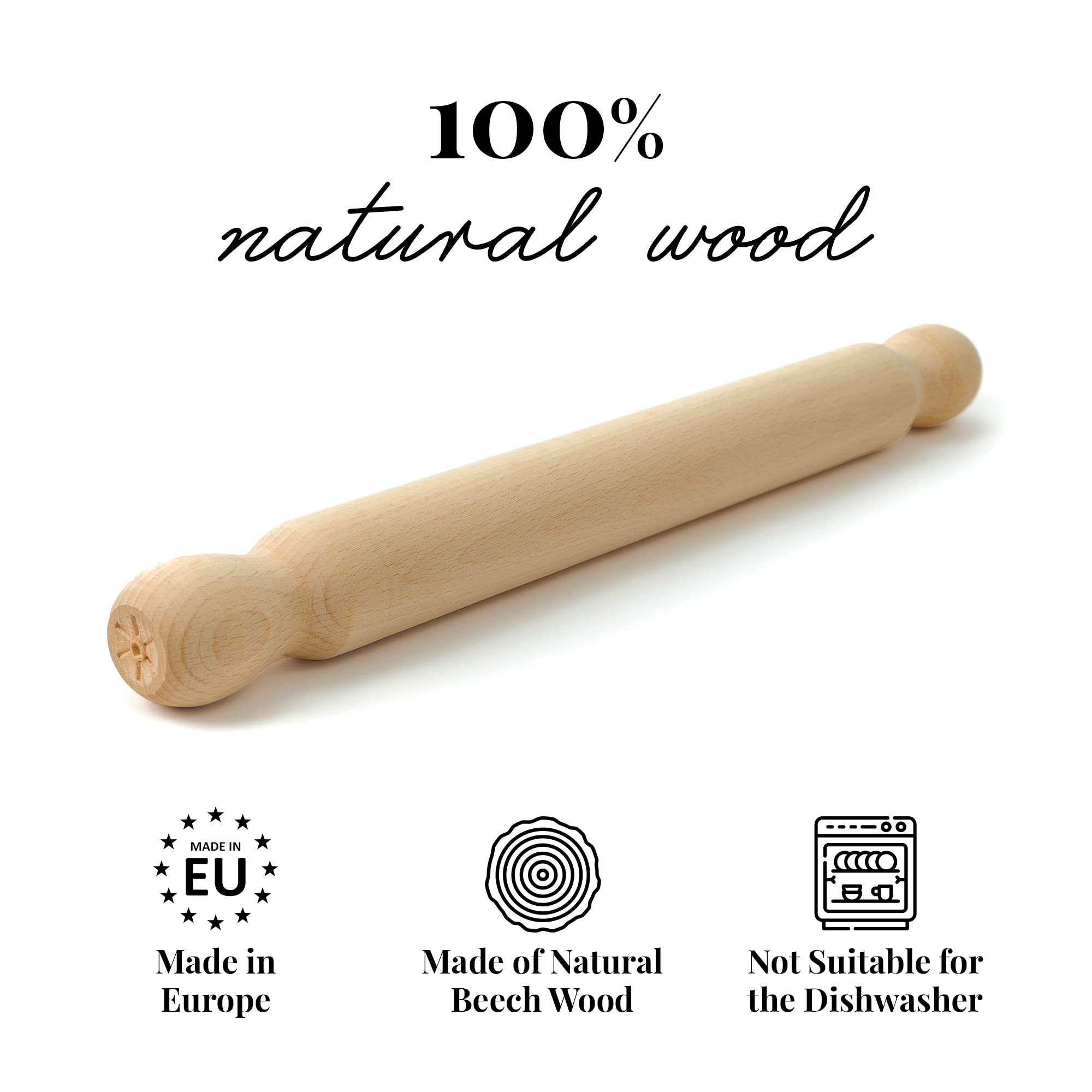 Tuuli Kitchen - French Wooden Rolling Pin, Baking Roller For Rolling Out Pizza, Pasta, Puff And Other Doughs, 40 X 4 Cm