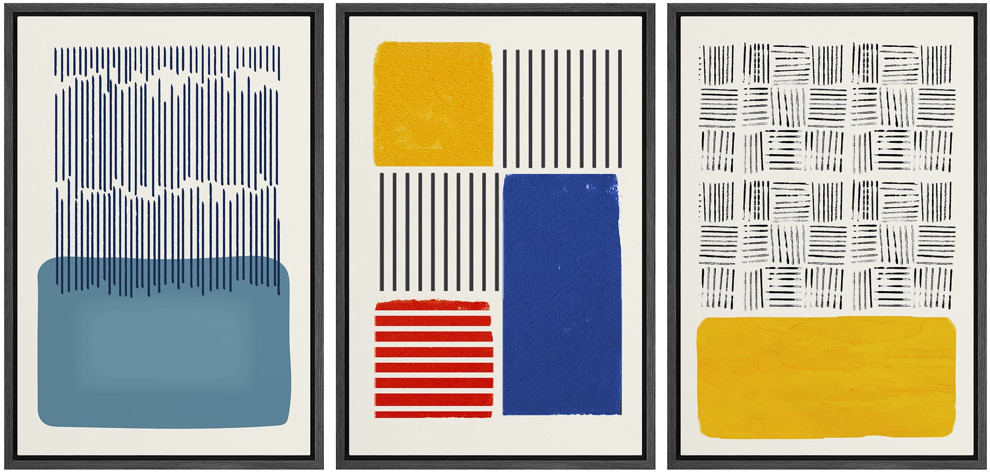 Idea4Wall Framed Canvas Print Wall Art Set Mid-Century Color Block Black Stripe Collage Abstract Shapes Illustrations Minimalism