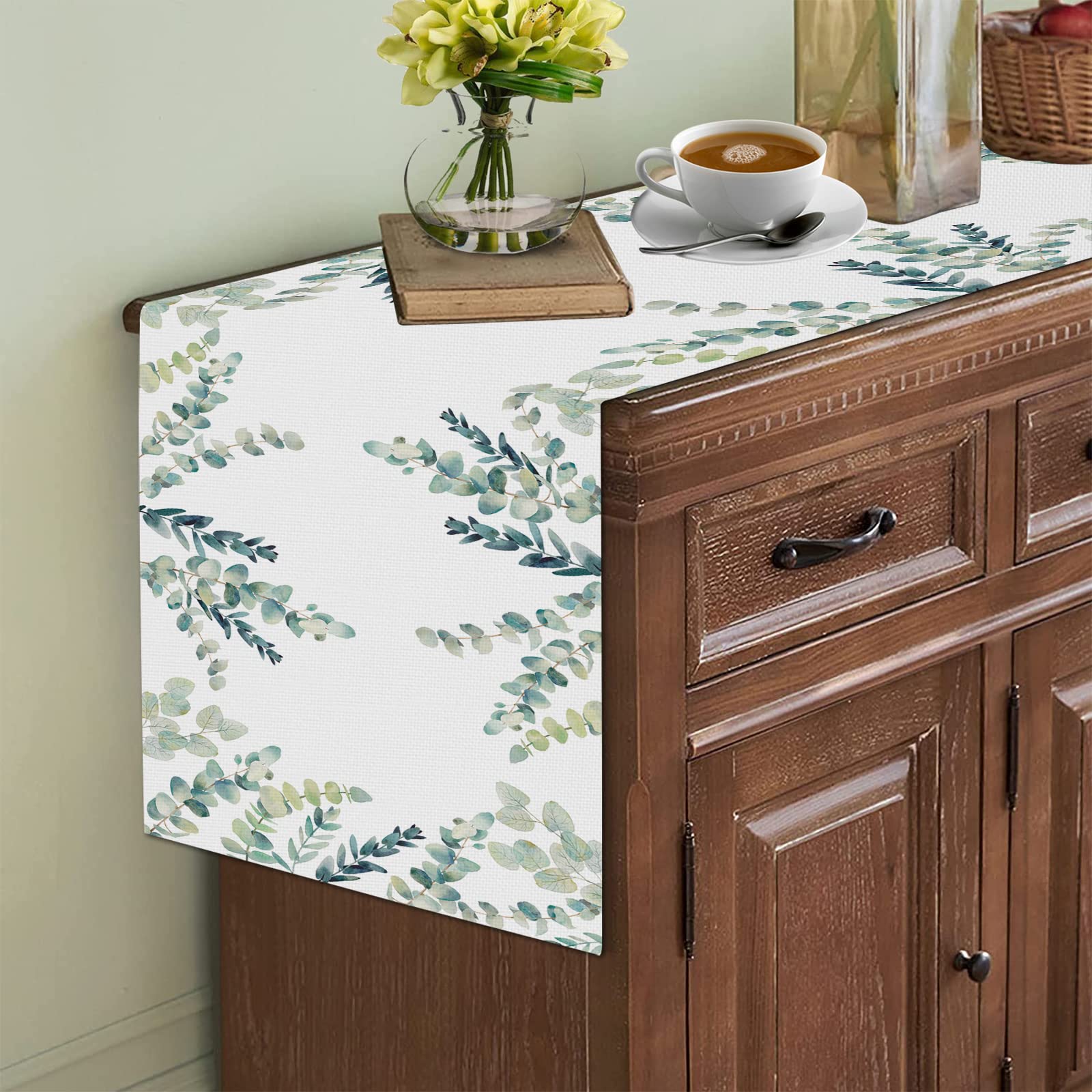 Fjpt Eucalyptus Linen Table Runner 72 Inches Long,Summer Spring Table Runner Kitchen Decor For Home Party And Dining Room Dresse