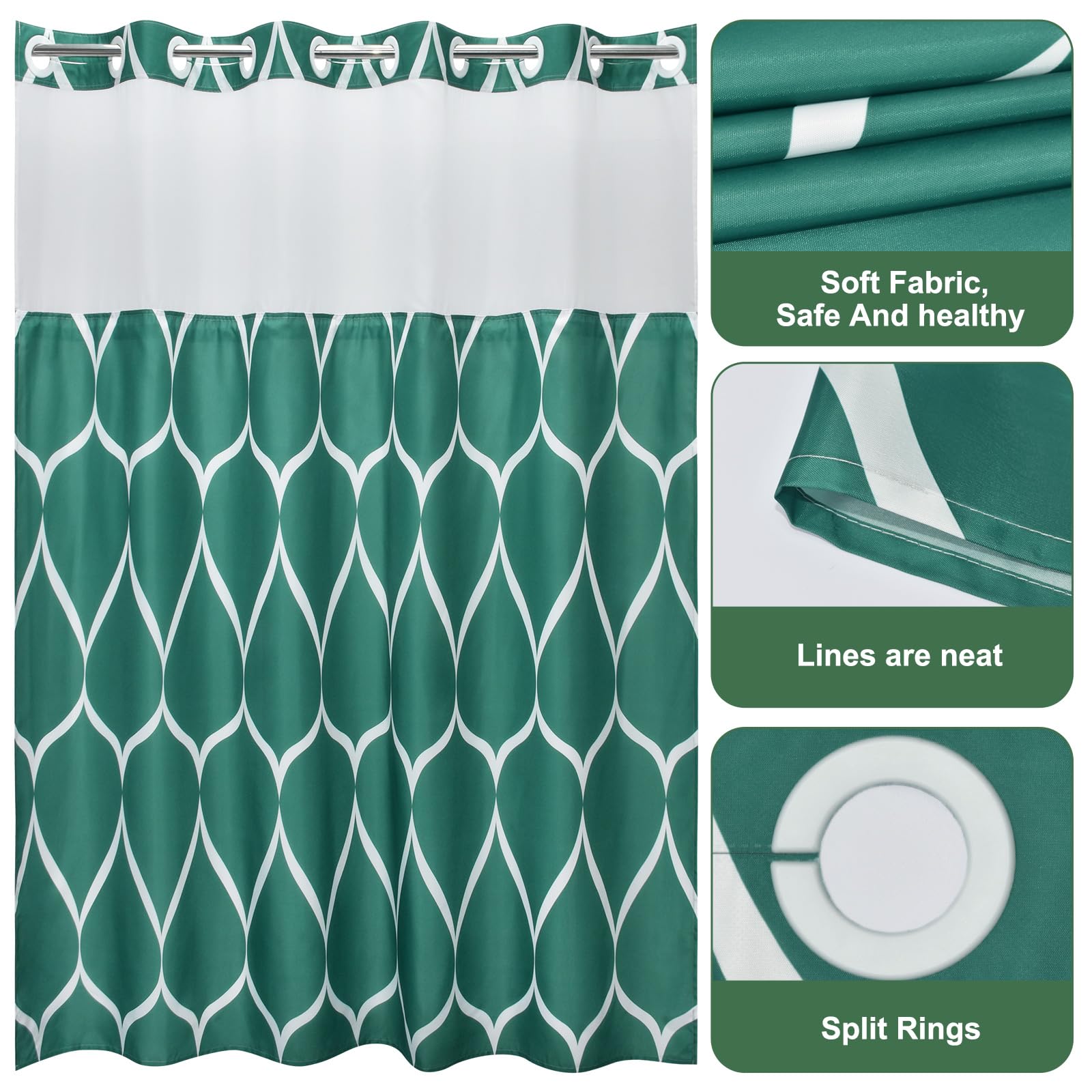 Yiatn No Hook Teal Blue Shower Curtain With Snap In Fabric Liner Set - Hotel Style With See Through Mesh Top Window, Modern Geom