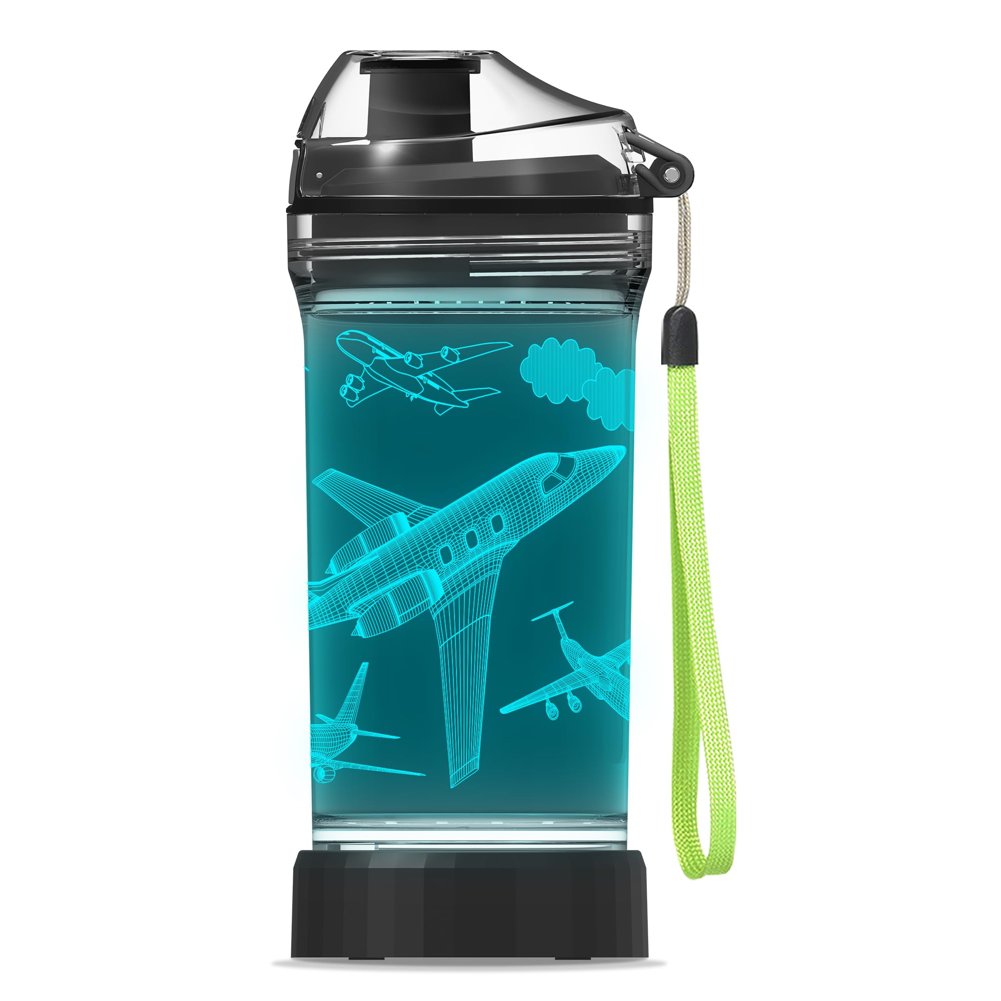 Kids Water Bottle, Airplane-themed Light-Up Sport Cup with 3D Glowing LED Airplane Light - 14 OZ Tritan BPA-Free - Gifts for Sch