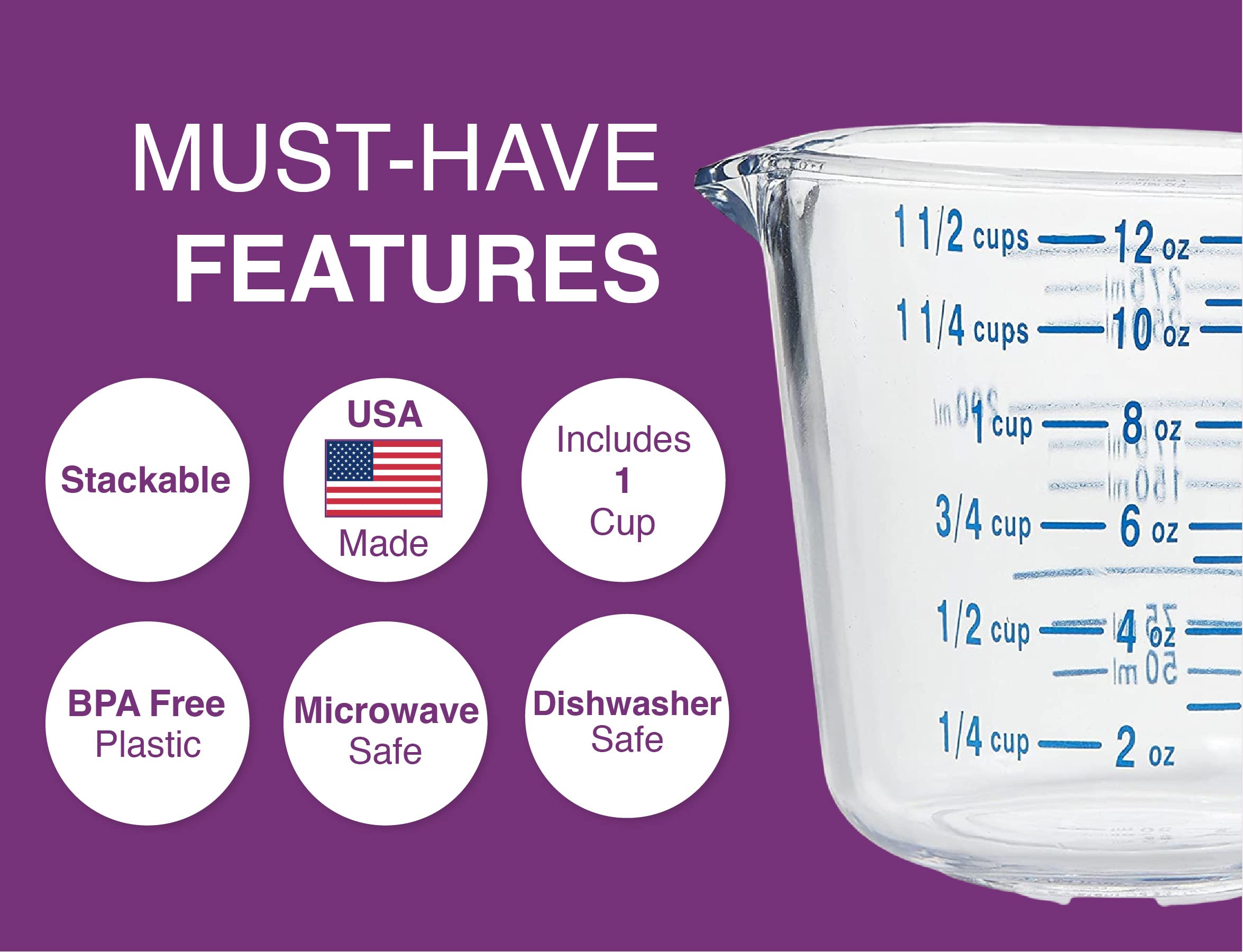 Arrow Home Products Plastic Measuring Cups For Liquids, 4.5 Cups - With Cool-Grip Handle - Bpa-Free, Stackable Measuring Cups Wi