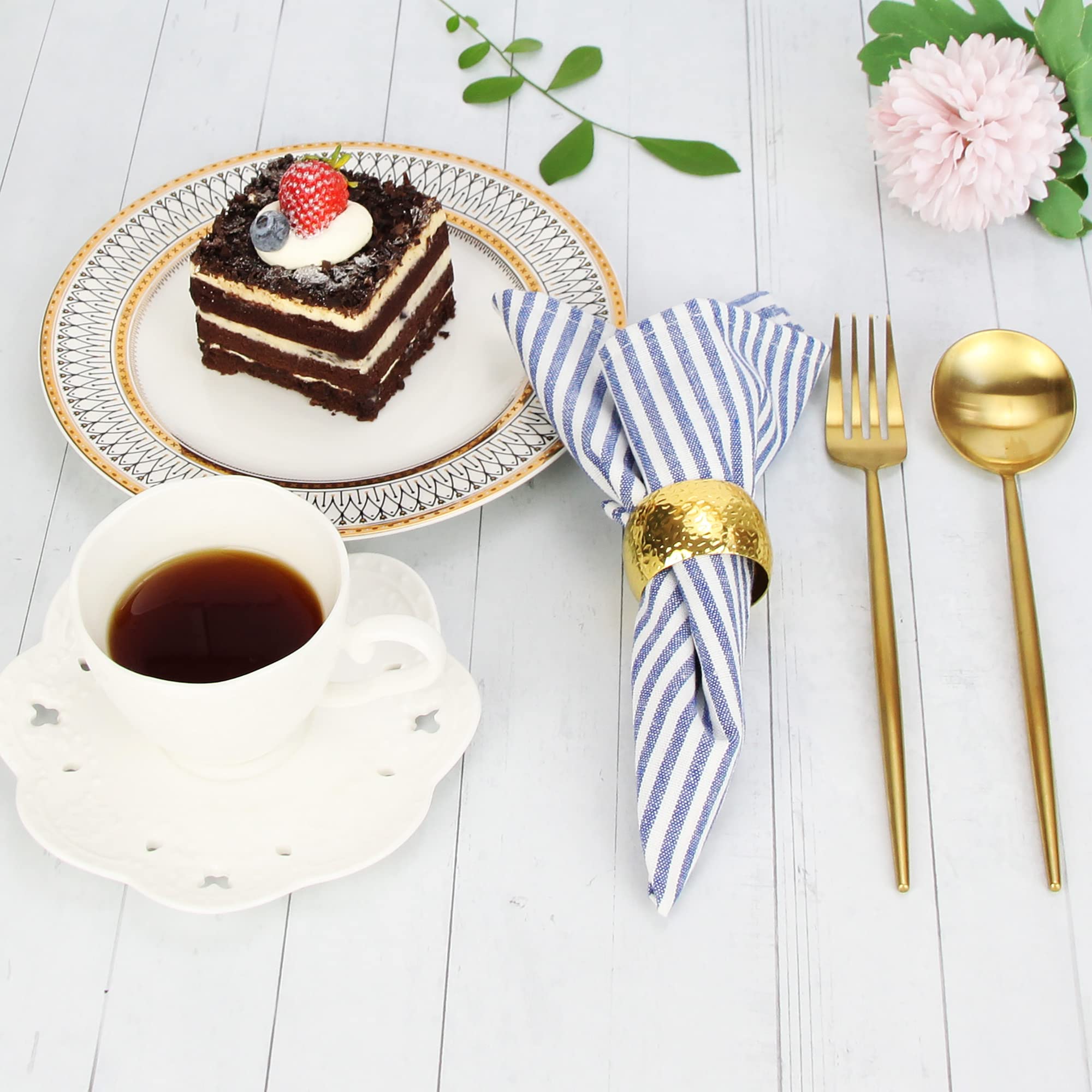 Infei Plain Striped Cotton Linen Blended Dinner Cloth Napkins - Set Of 12 (40 X 30 Cm) - For Events & Home Use (Blue)