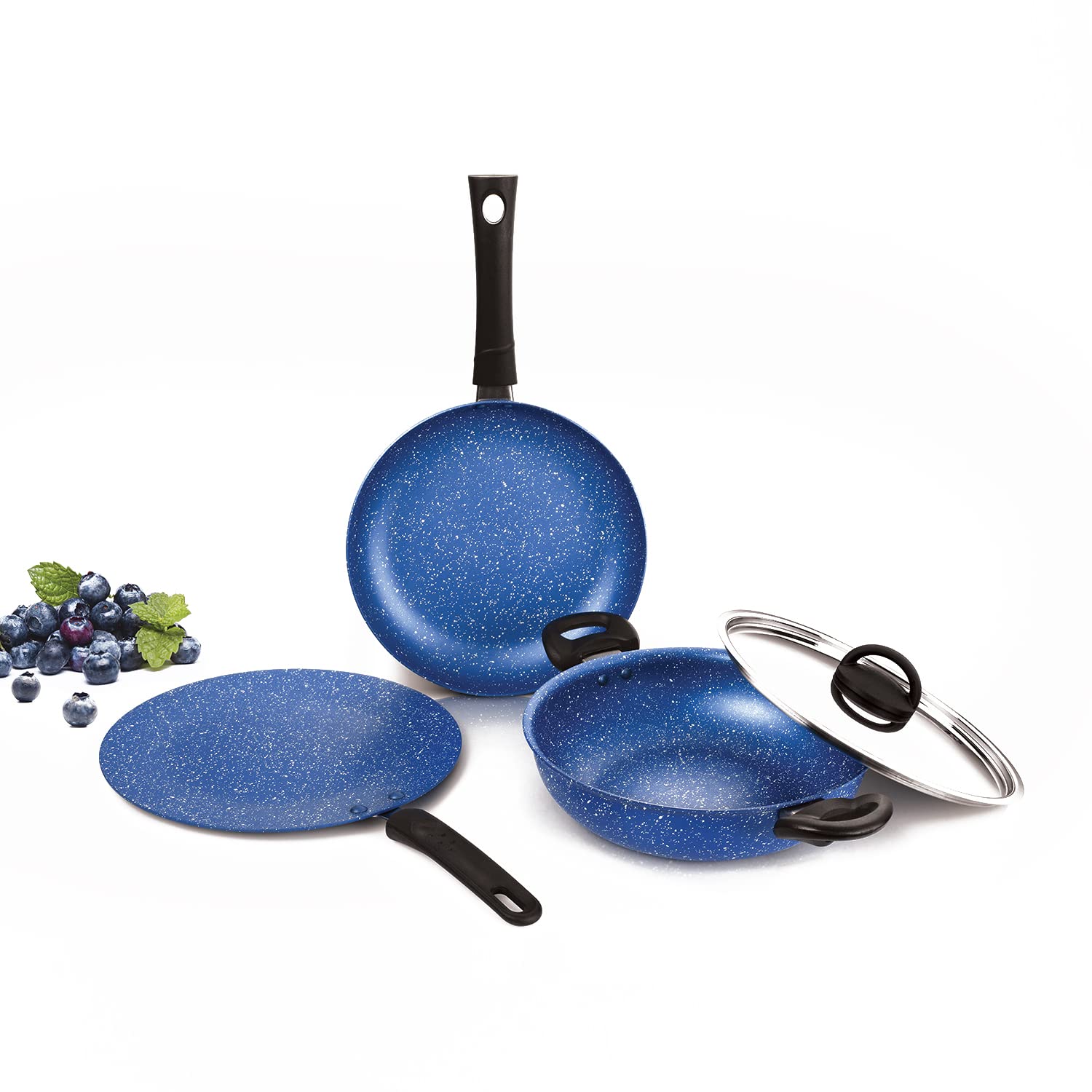 Alda Non Stick Cookware Set 4Piece (Wok With Lid, Fry Pan, Crepe Pan)  Blueberry 3Mm Induction Friendly