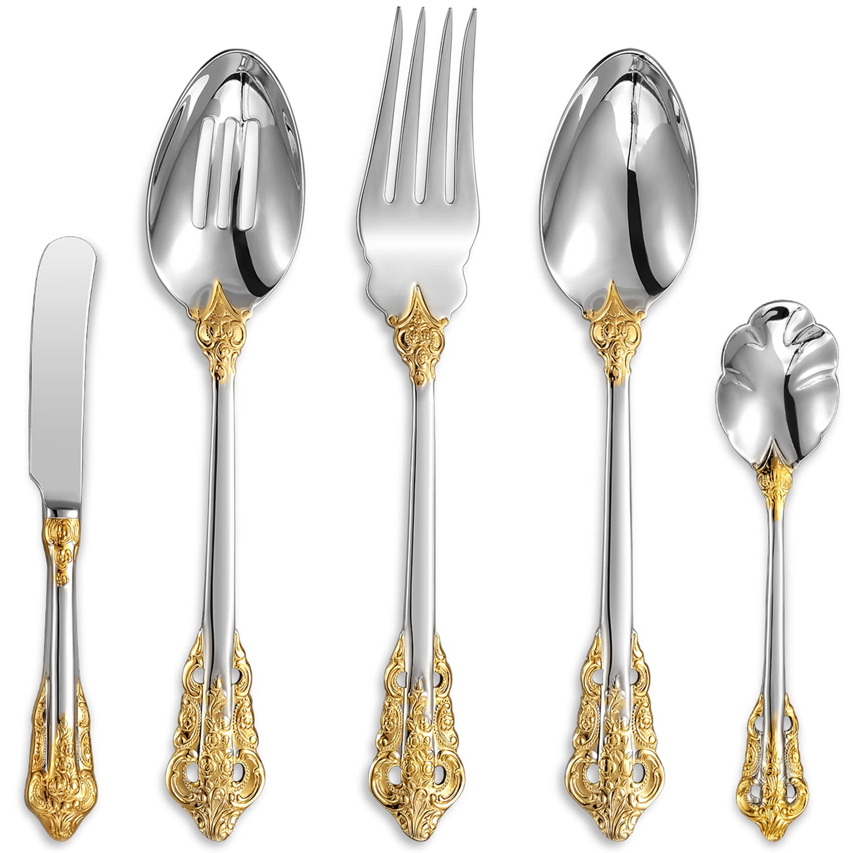 Keawell Gorgeous 5-Piece 18/10 Stainless Steel Hostess Serving Utensil Set, Dishwasher Safe, Gold Accent