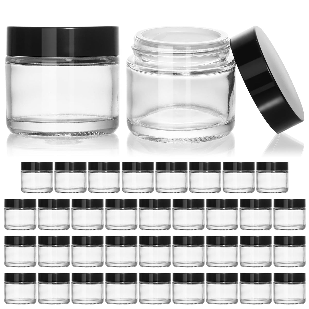 Keywing 2Oz Small Glass Jars With Black Lids, 35 Pack Clear Round Glass Cosmetic Jars With Inner Liners For Lotions, Powders And