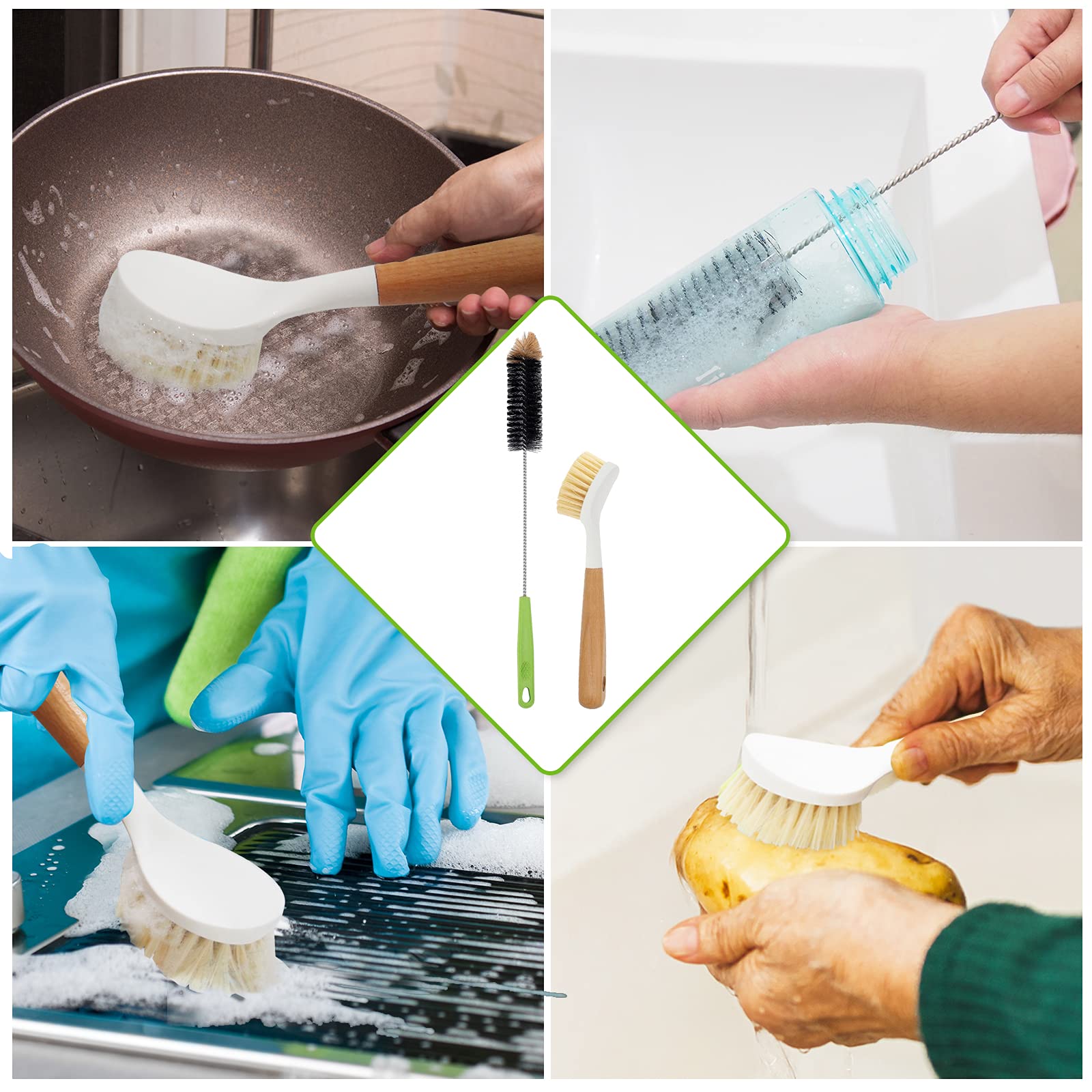 Dish Brush, Bottle Brush And With Bamboo Handle Cleaner Brush-Skillet Scrubber With Tough Nylon Bristles For Scrub Brush For Pan