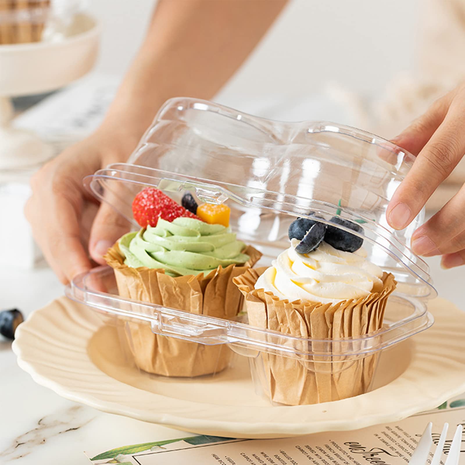 Bekith 60 Count 2-Compartment Plastic Cupcake Containers Disposable With Connected Airtight Lid, Clear Stackable Deep Dome Cupca