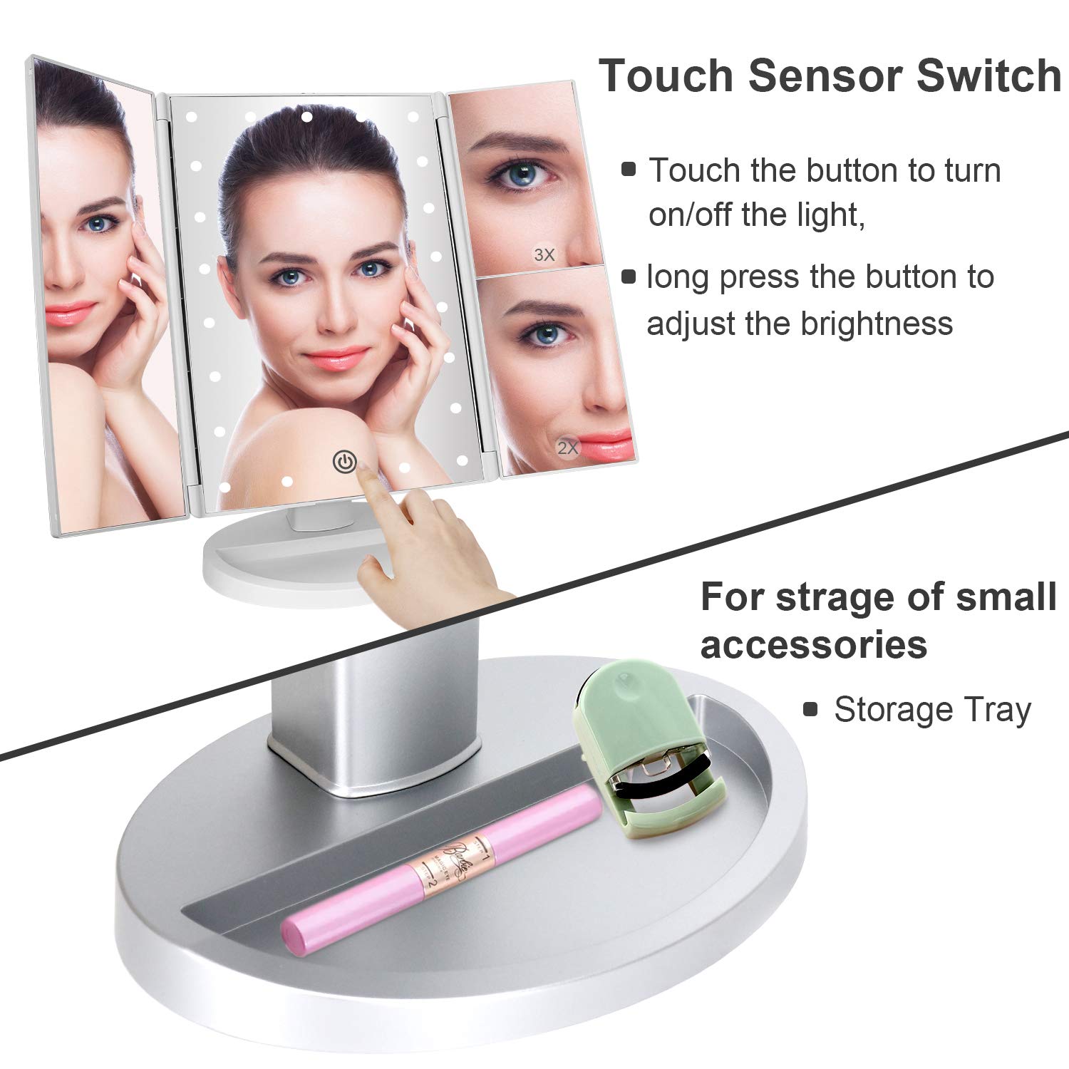 Deweisn Tri-Fold Lighted Vanity Tabletop Mount Mirror With 21 Led Lights, Touch Screen And 3X/2X/1X Magnification, Two Power Sup