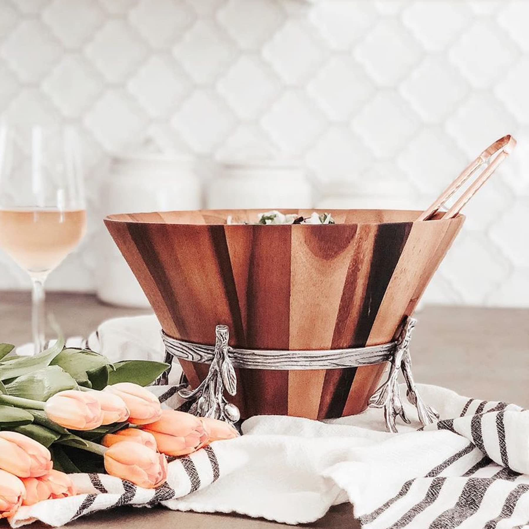Arthur Court Acacia Wood Salad Bowl In Metal Stand, Sand-Cast Aluminum Stand In Olive Pattern 8 Inch Tall 12 Inch Dia