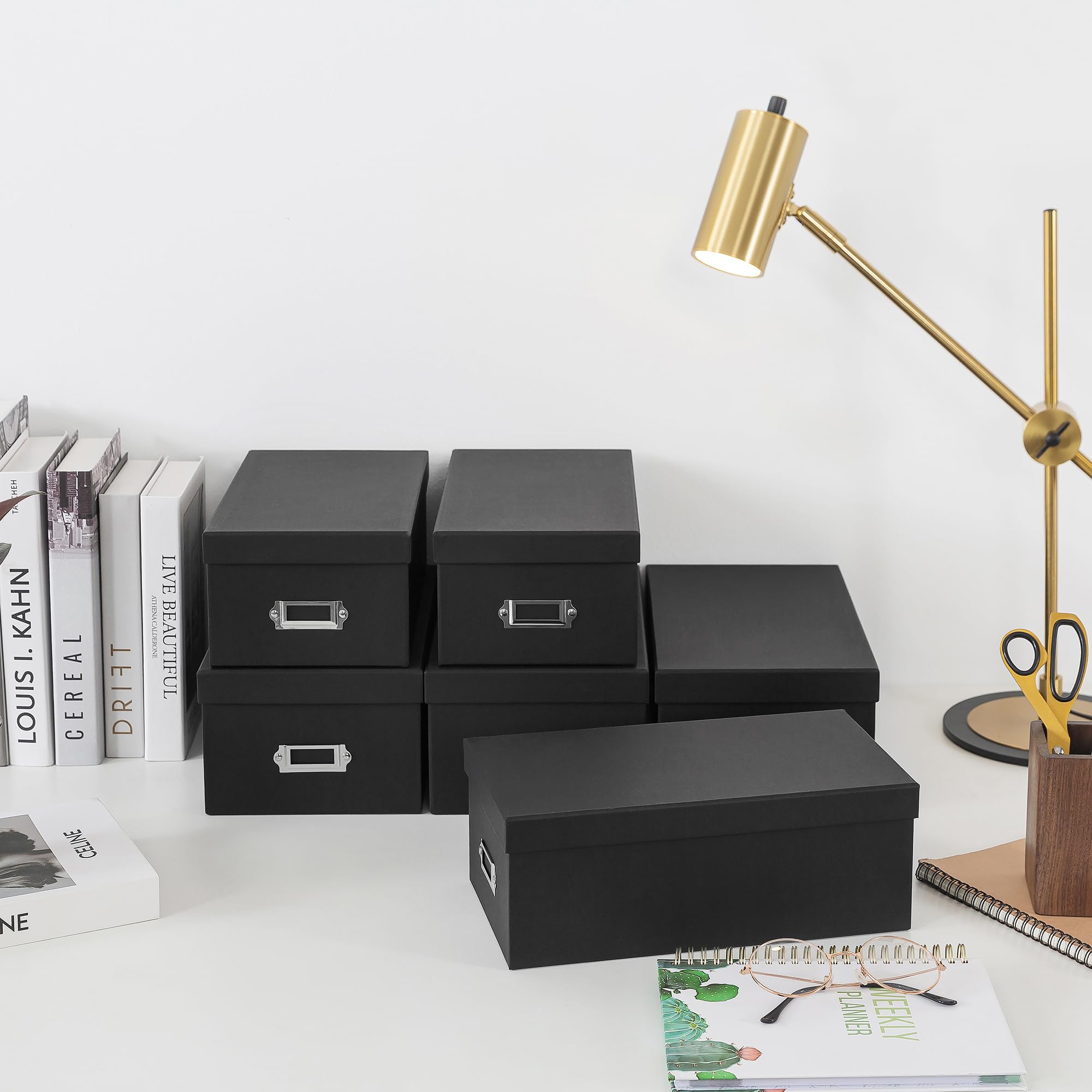 Soul & Lane Black Storage Boxes - Set of 6 (3 Large, 3 Medium), Keepsake Memory Storage Boxes with Lids, Cardboard Organizers wi