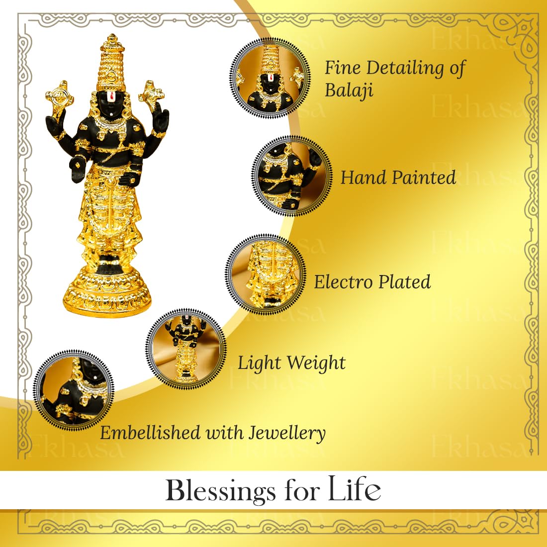 Ekhasa Tirupati Balaji Idol (Size: 11 Cm) | Lord Venkateswara Idol For Car Dashboard, Pooja Room, Home Decor & Office Desk | Ven