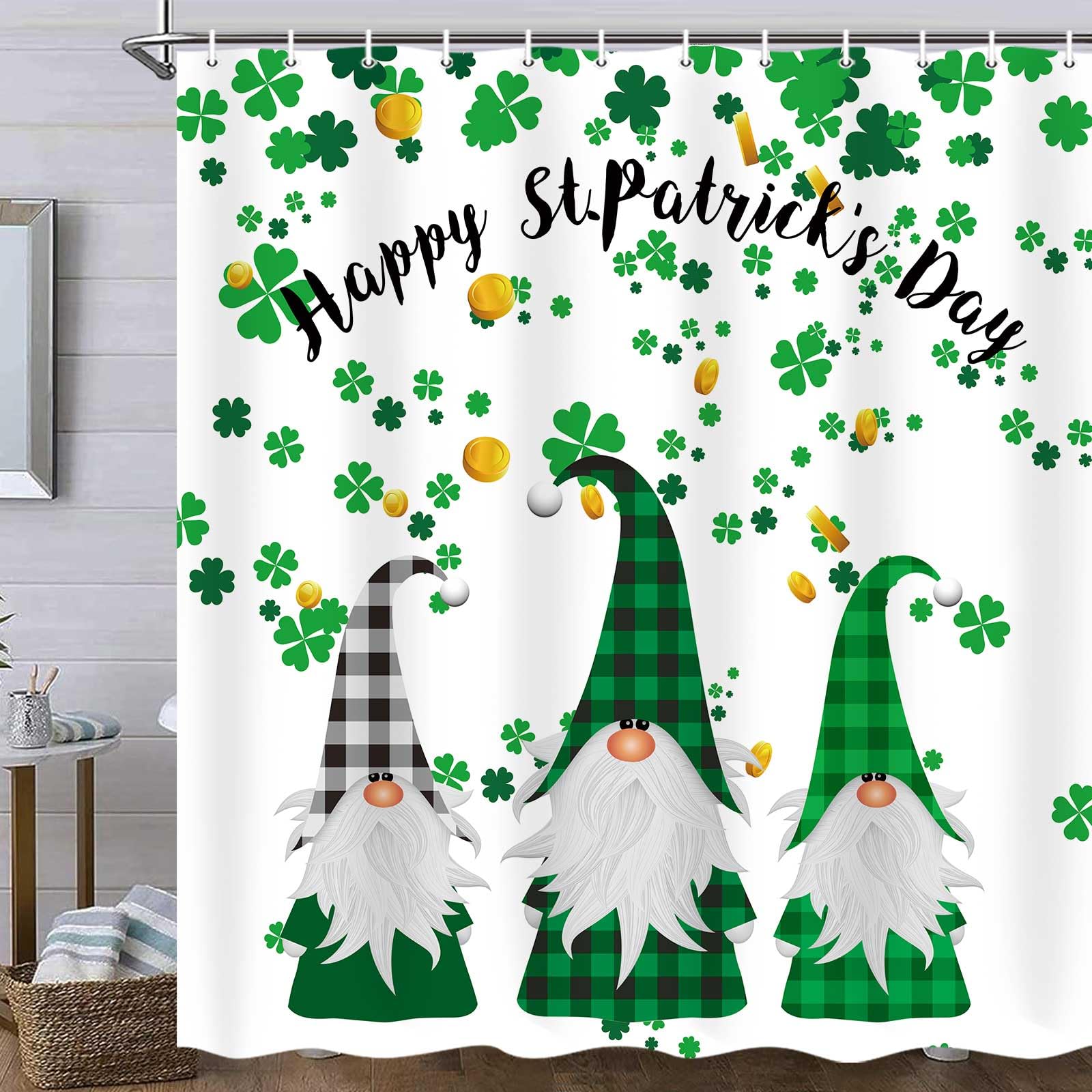 Merchr Happy St Patricks Day Shower Curtain, Green Clover Shamrock Leaf Irish Gnome Elf Design, Buffalo Check Plaid Decor Cloth