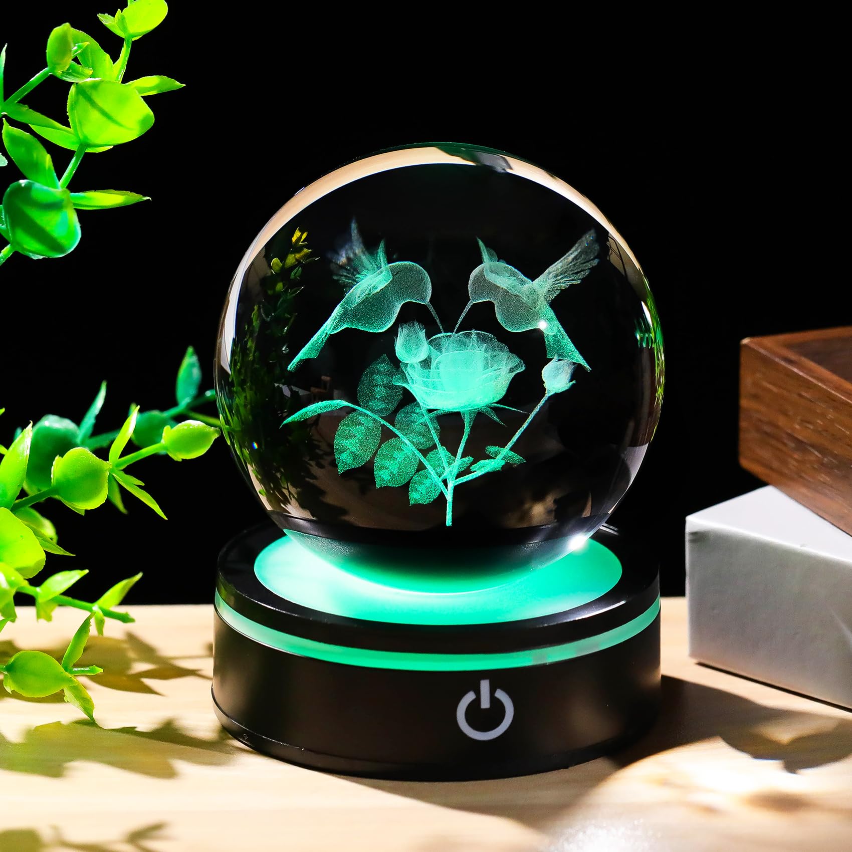 YWHL 3D Hummingbird Crystal Ball Figurine with LED Base, Hummingbird Gifts for Women Men on Birthday Christmas, Glass Decorative