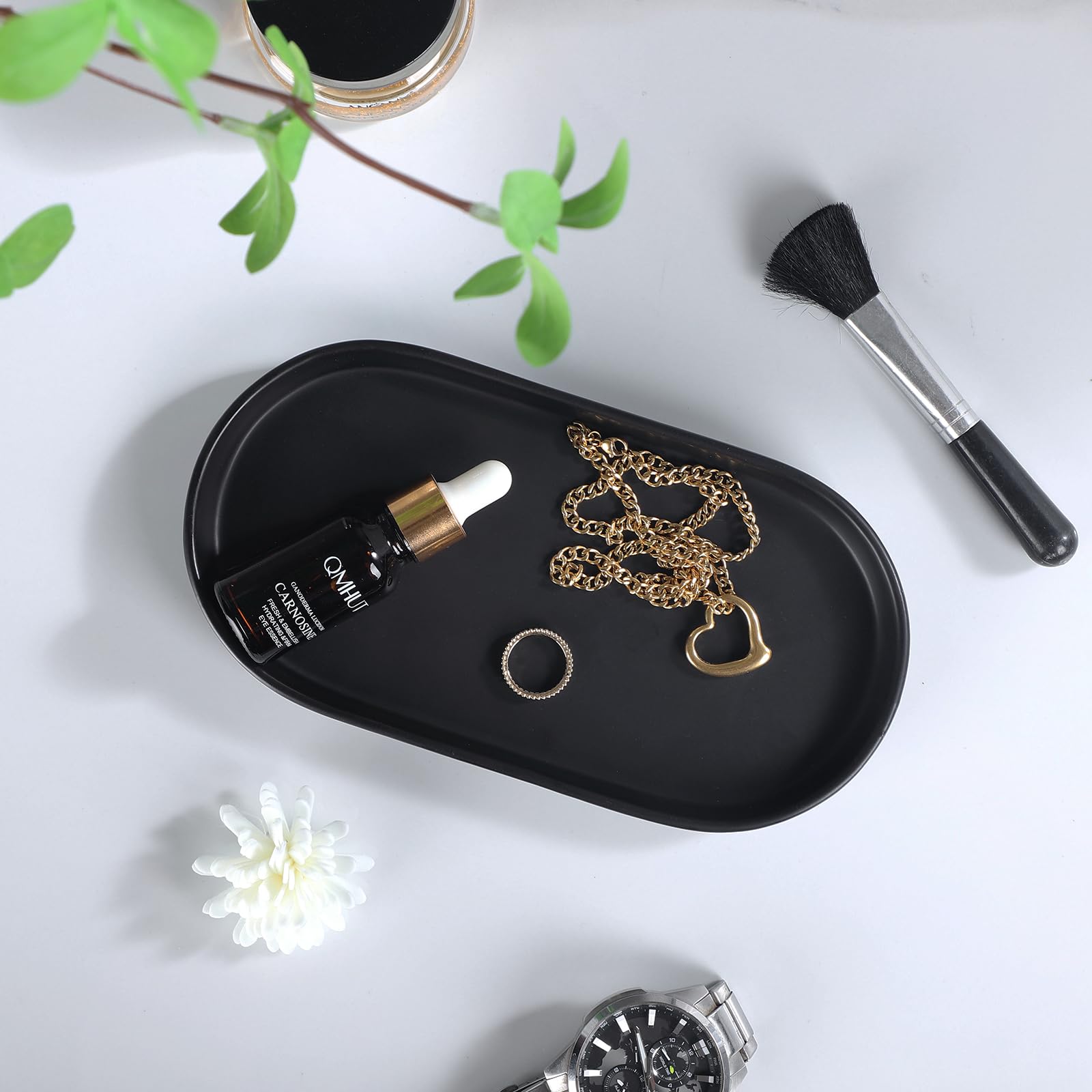Eyrozia Matte Black Round Soap Dispenser Tray - 8'' Ceramic Vanity Tray For Bathroom Decorative, Jewelry Ring Dish, Comestic Hol