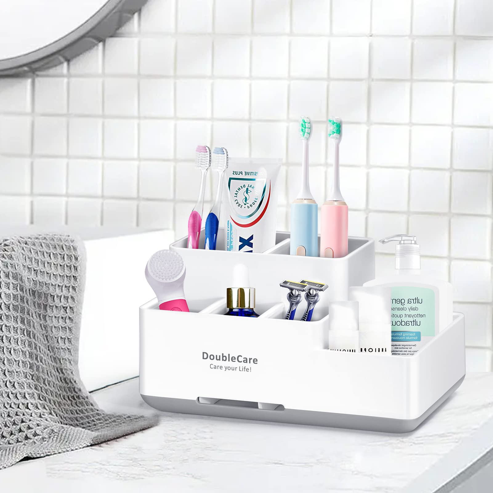 Toothbrush Holder with Anti-Slip Bathroom Organizer Countertop Detachable for Easy Cleaning  Multifunctional Storage Bathroom Caddy for Toothpaste Shaver Great for Home  Vanity Organizer  Office