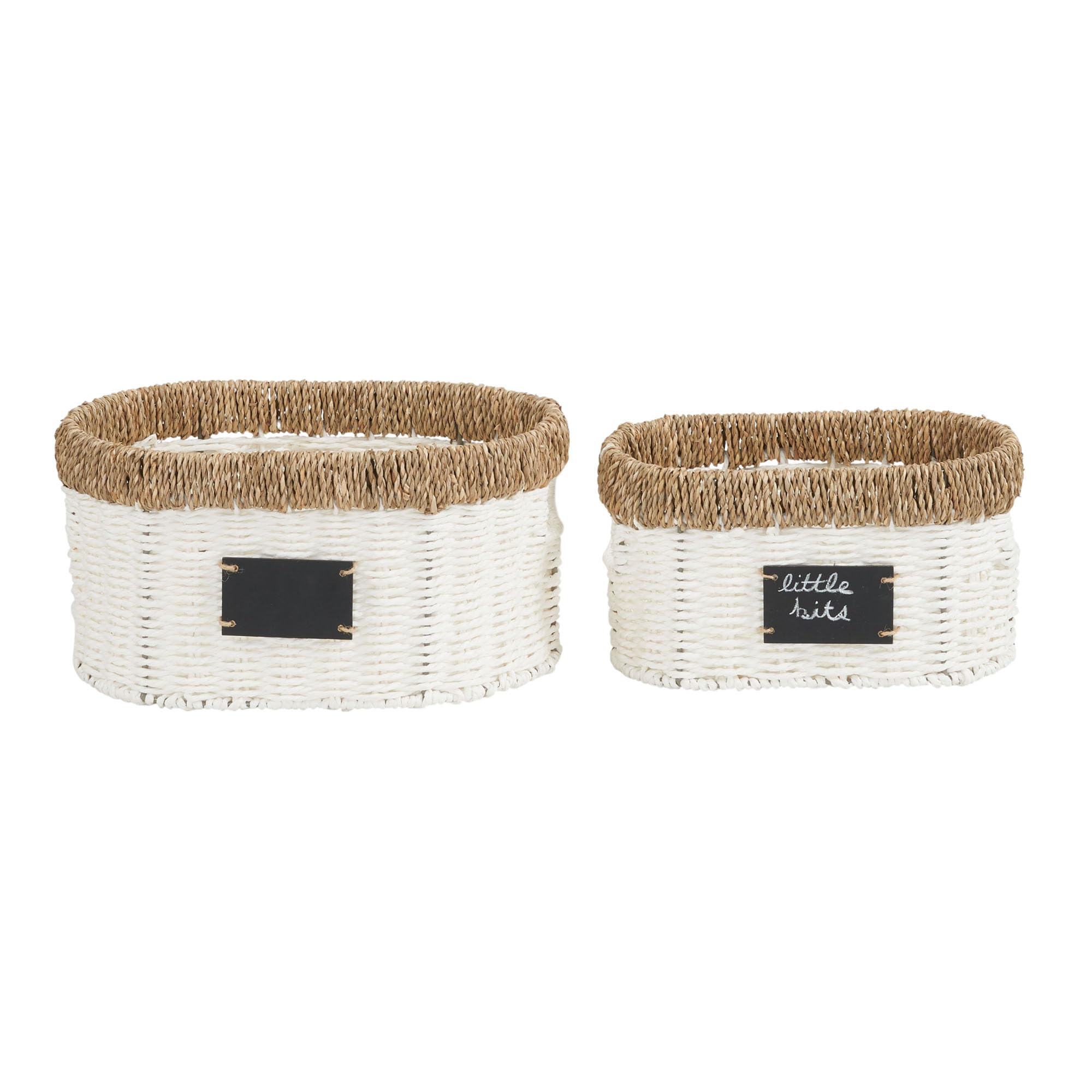 Household Essentials Natural Rim Oval Set Paper Rope And Seagrass (2 Piece) Small Wicker Basket, White