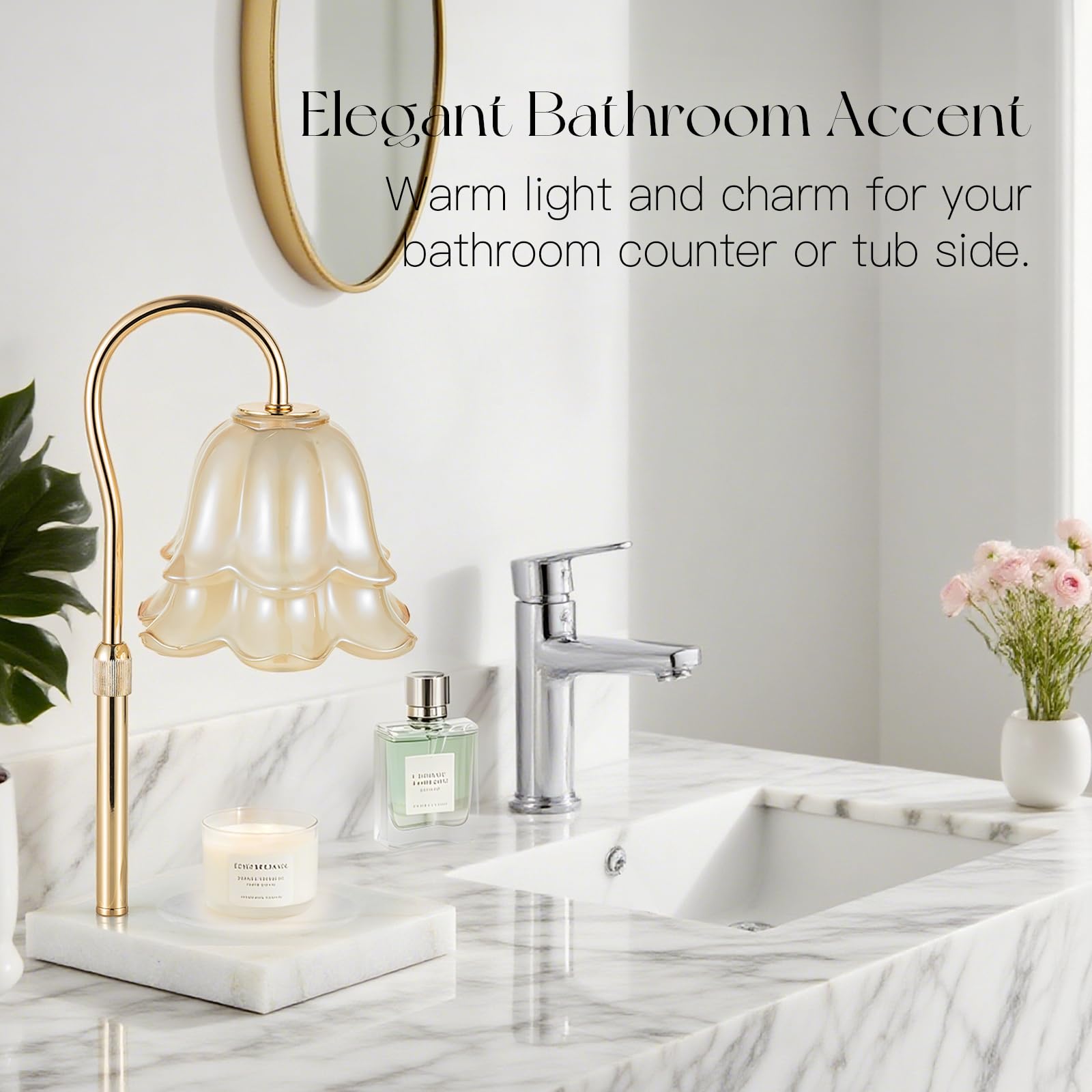 Candeldo Candle Warmer Lamp with Timer, Adjustable Height, Dimmable Glass, Marble Base - Modern Decor for Kitchen & Bathroom