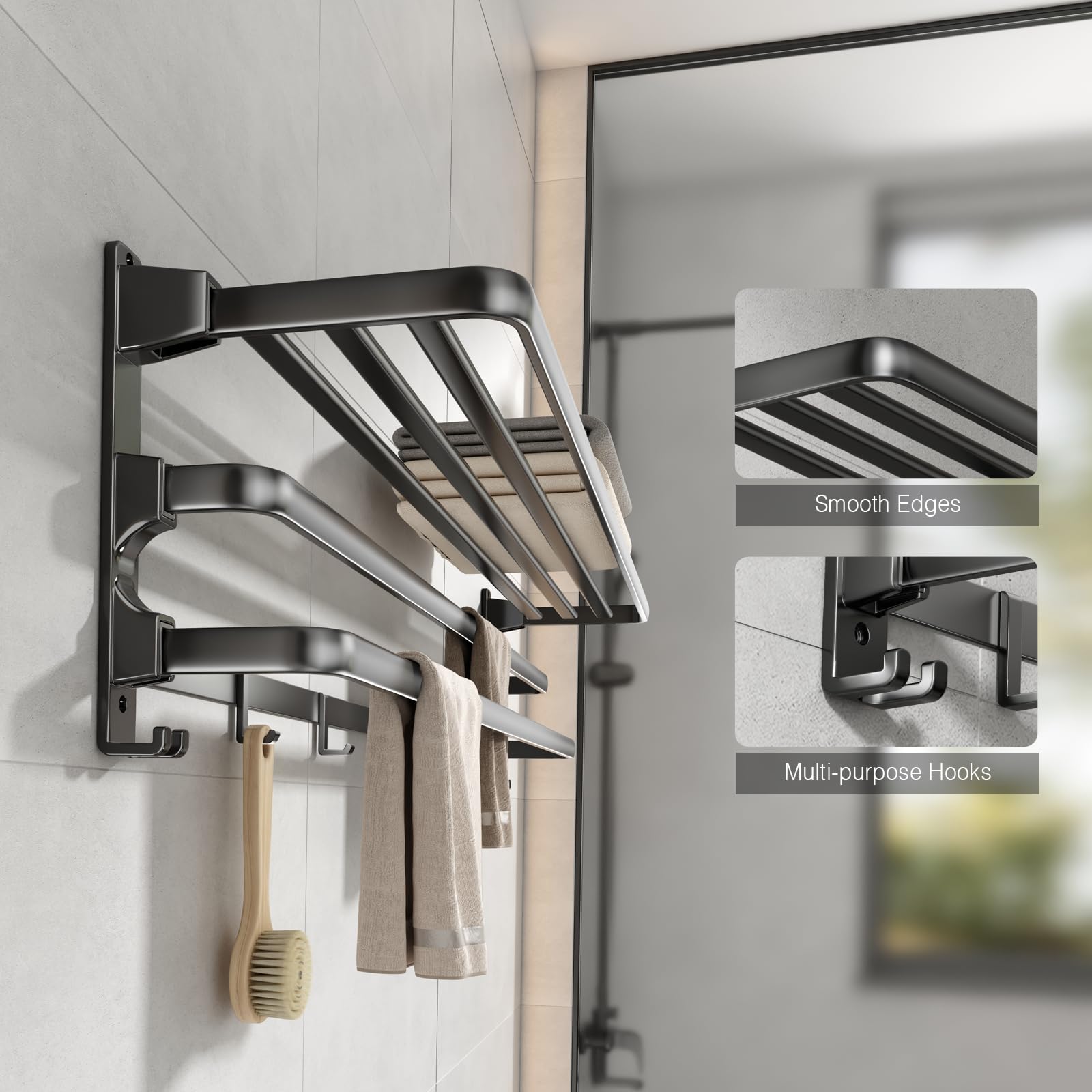 Voldra 24-Inch Towel Rack,Bathroom Towel Shelf With 2 Towel Bar Foldable Towel Holder With 7 Hooks Towel Storage Organizer For B