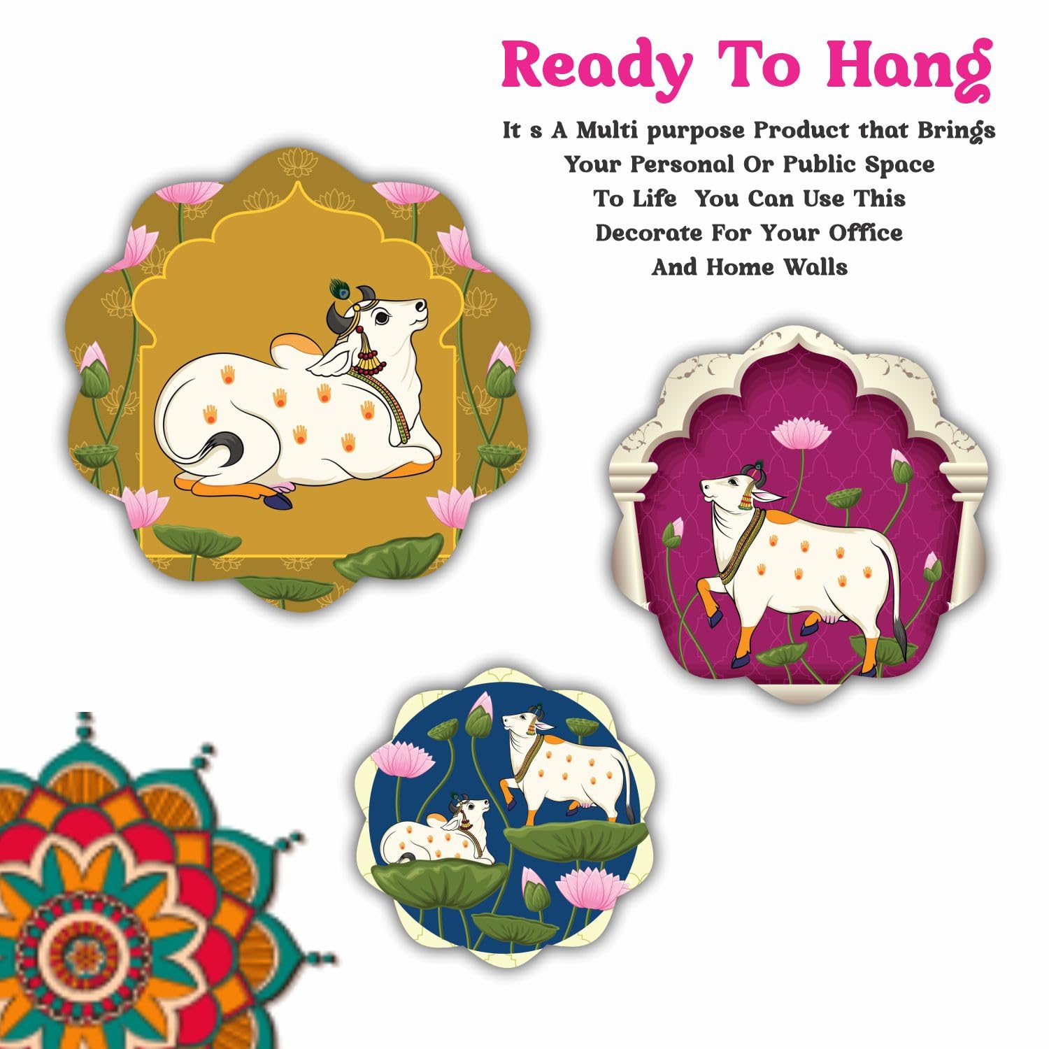 Bhikham Creation Cow Pichwai Designer Art Round Shape Wall Hanging Decor | Wall Decoration Accessories For Home | Home Decoratio