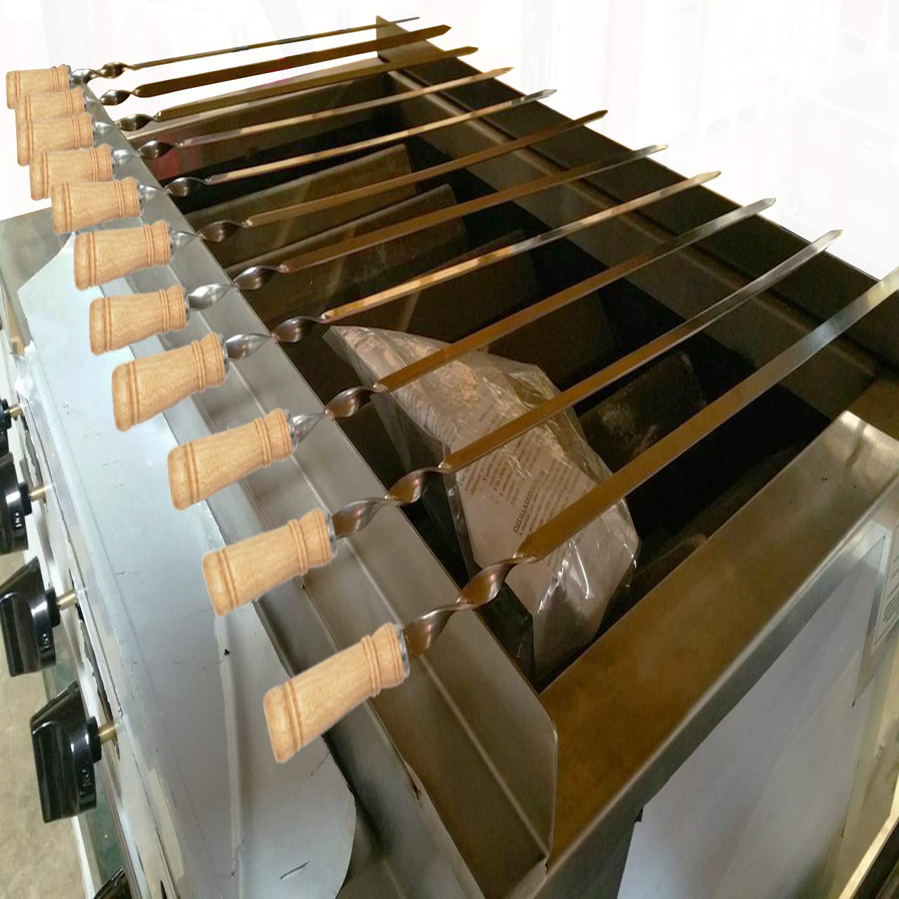 Amestar BBQ Kabob Skewers - 12 Pack Heavy Duty 23.5" Stainless Steel with Wooden Handle for Shish Kebab, Chicken, Shrimp, and Vegetables