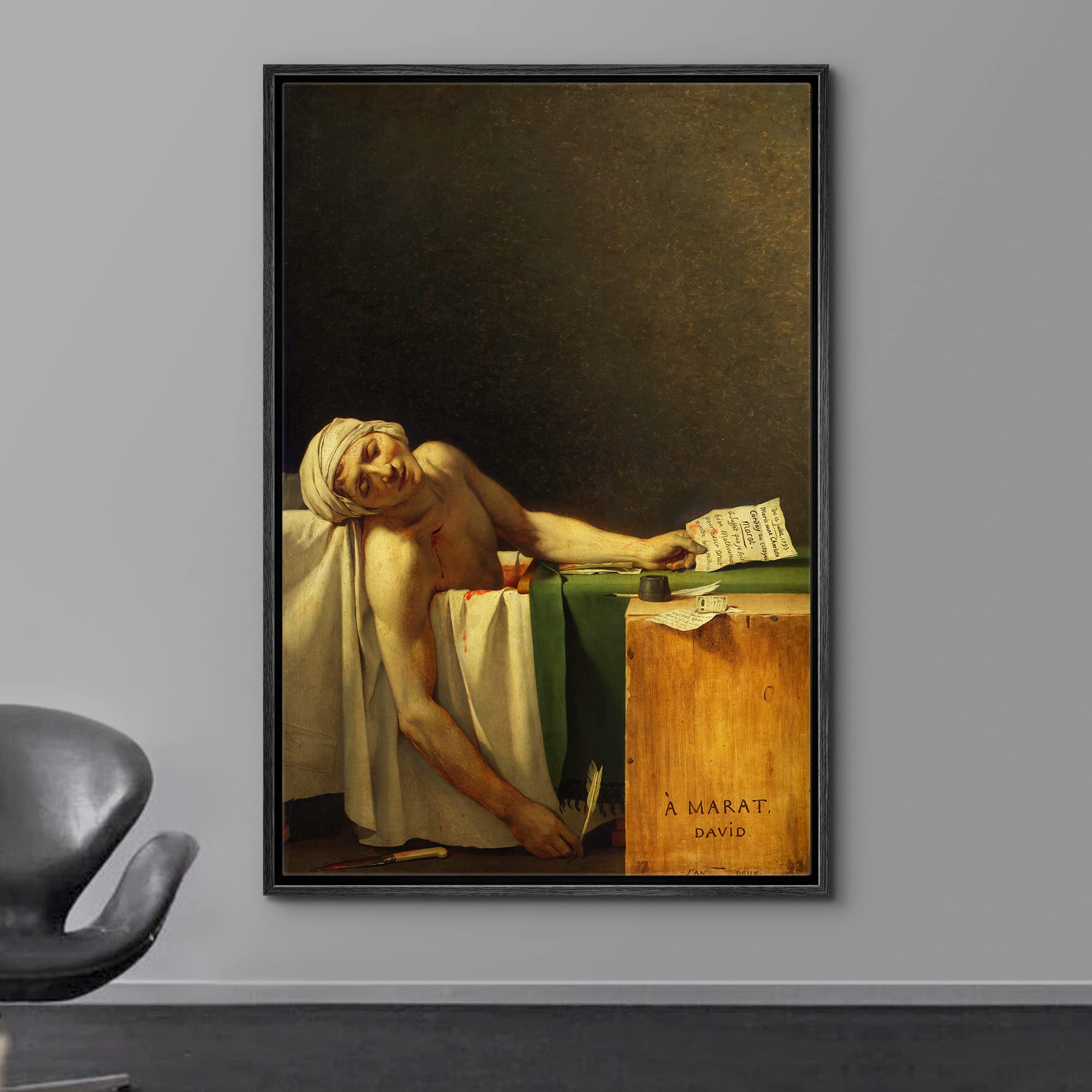 Wall26 - The Death Of Marat By Jacques-Louis David - Framed Canvas Print Wall Art Famous Painting Reproduction - 24''X36'' Black