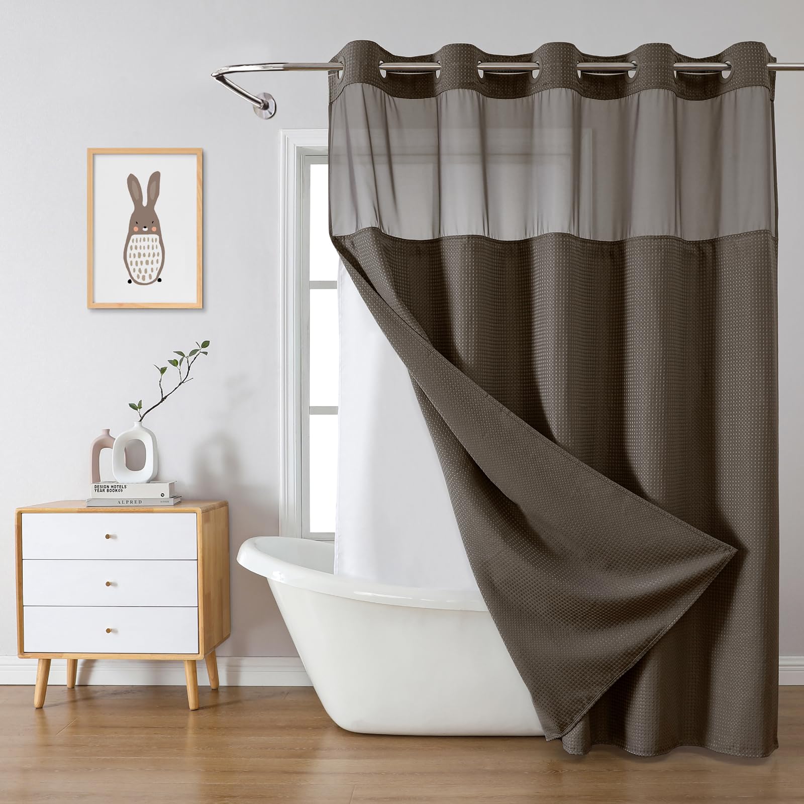 Eachope Brown No Hook Waffle Weave Shower Curtain With Snap-In Liner Replacement, 230Gsm Waterproof Fabric Hotel Shower Curtain