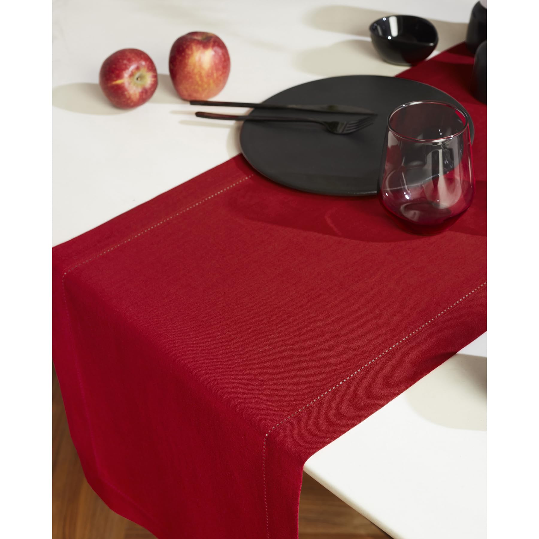 Solino Home Linen Red Table Runner 72 Inches Long - Sonoma Hemstitch 100% Pure Linen Prewashed Dining Table Runner 14 X 72 Inch