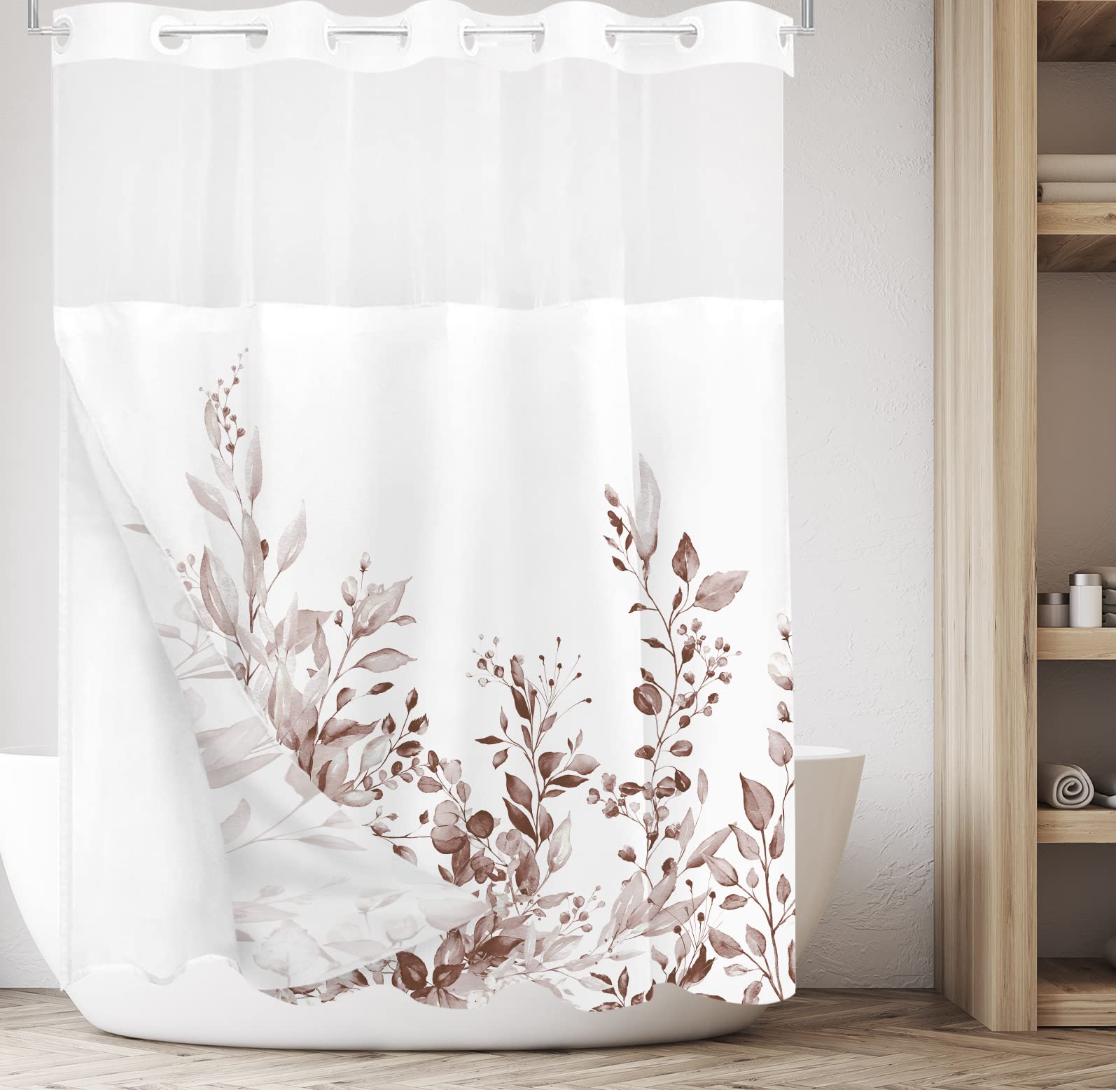 Tititex No Hooks Snap In Liner Rosybrown Eucalyptus Leaves Shower Curtain Sets, Hotel Luxury Double Layers Waterproof Fabric & S